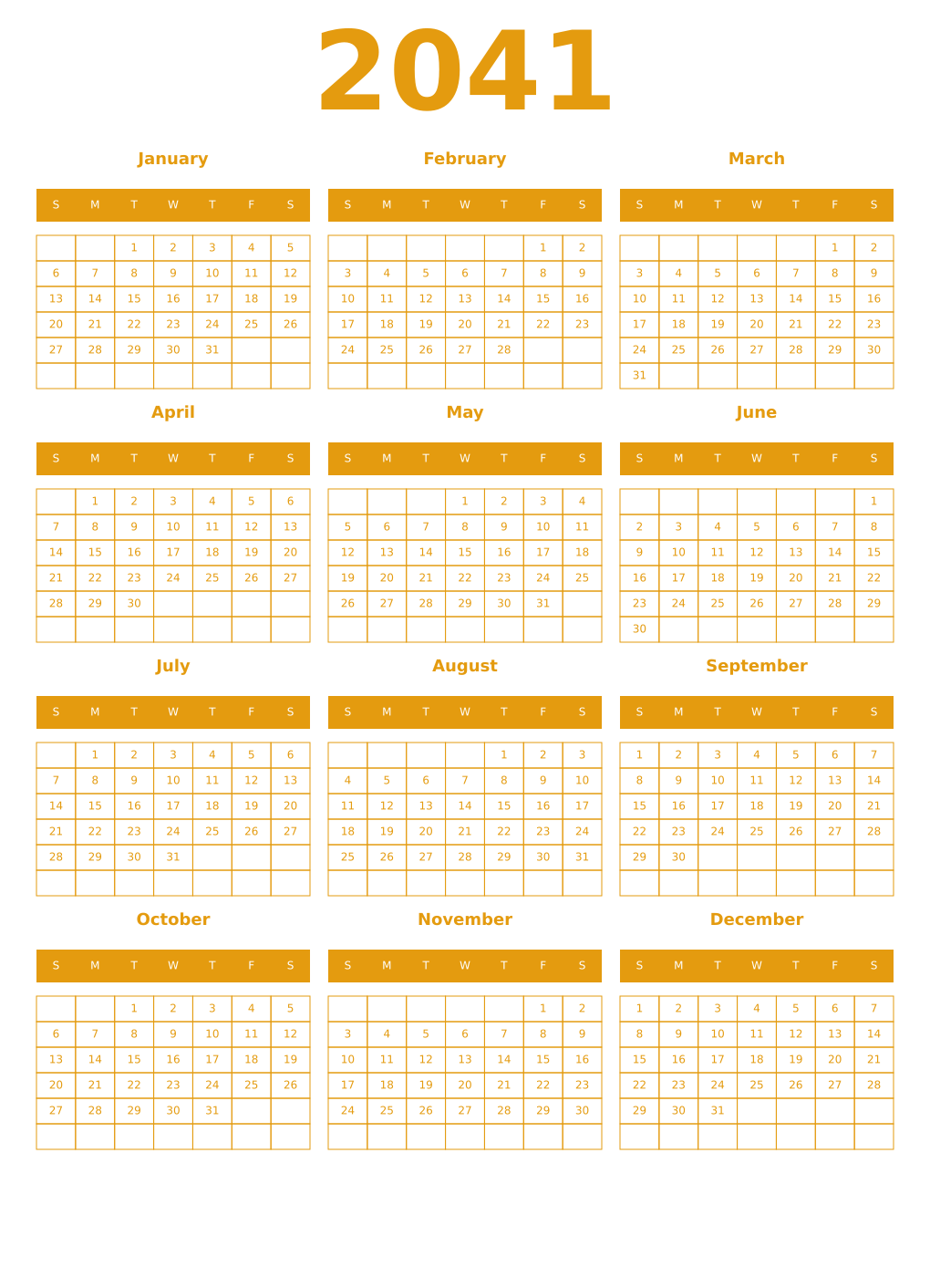 Printable 2041 Year Calendars gamboge