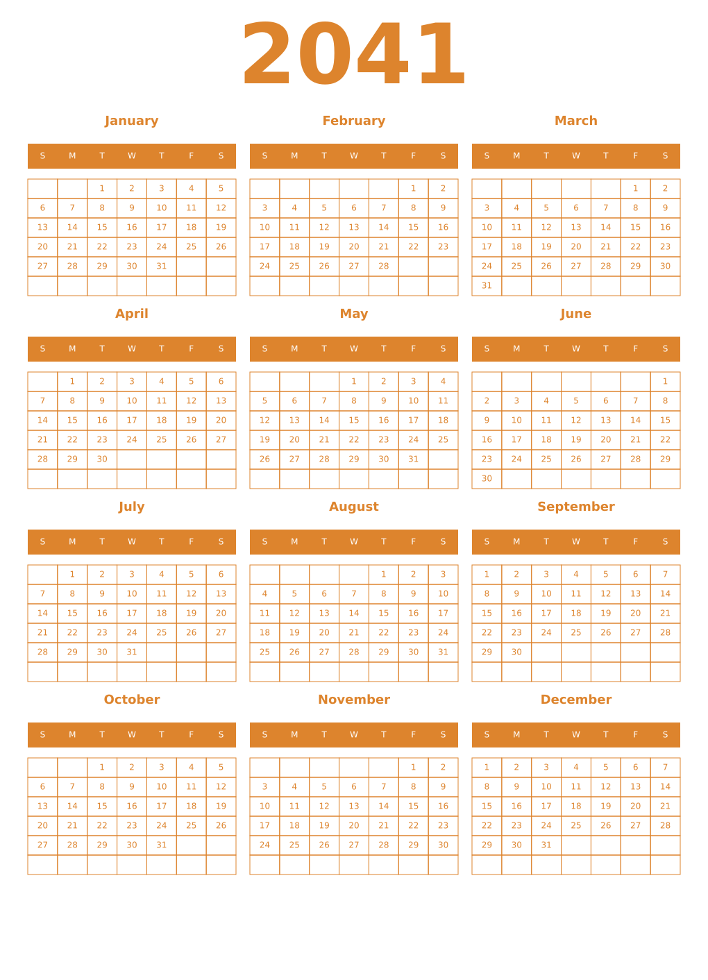 Printable 2041 Year Calendars orange