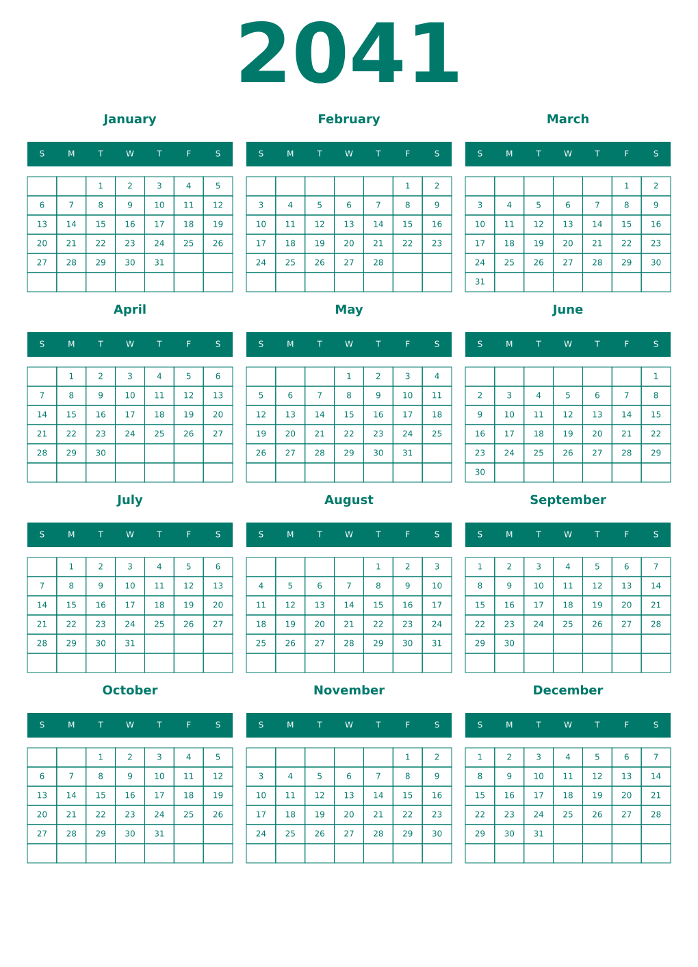 Printable 2041 Year Calendars pastel