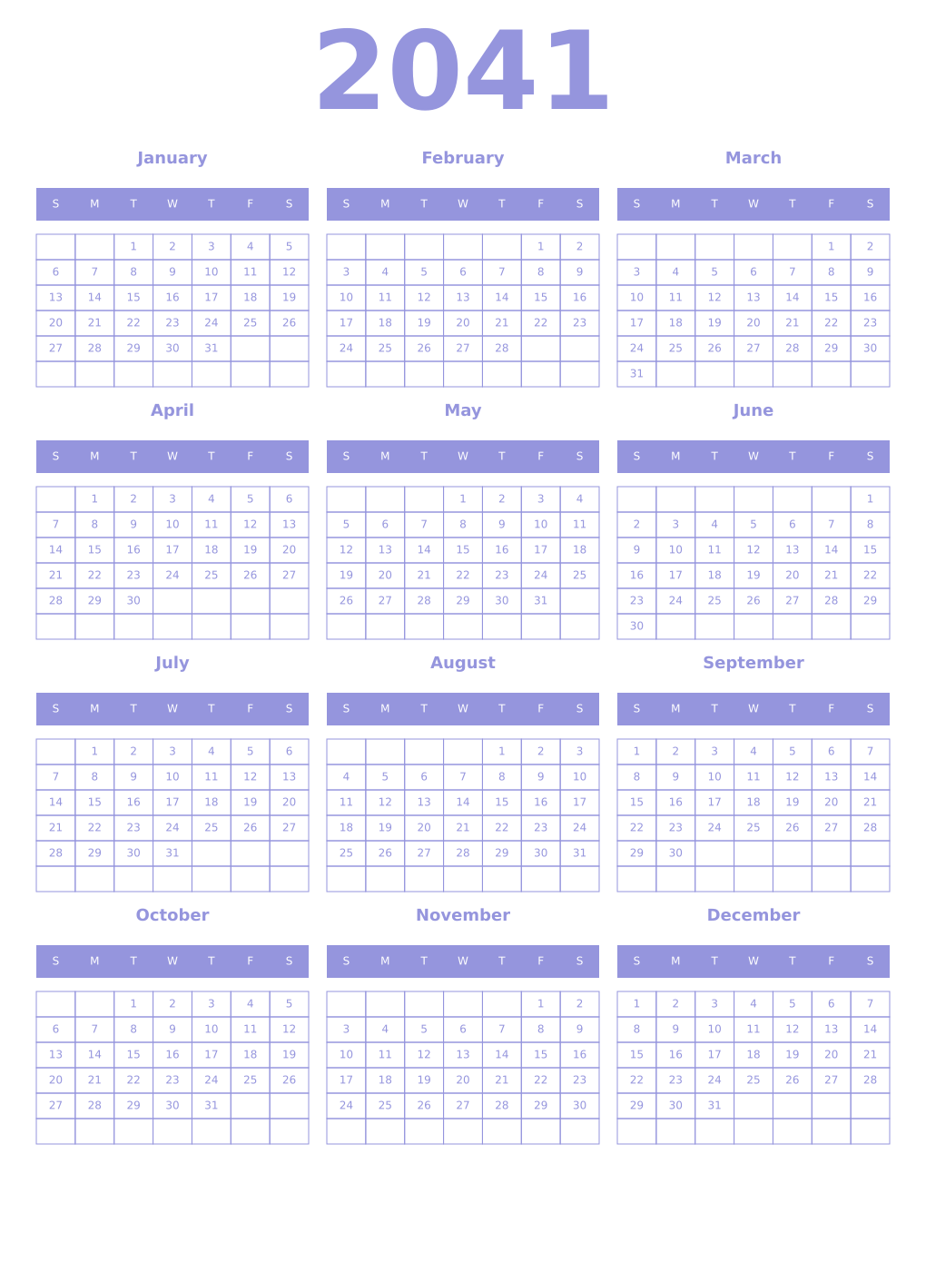 Printable 2041 Year Calendars periwinkle