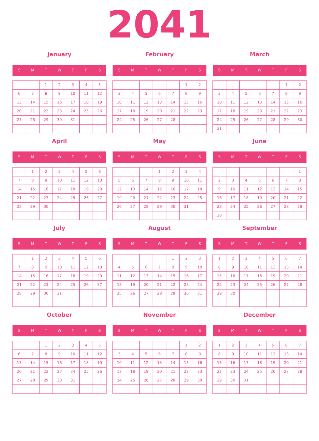 Printable 2041 Year Calendars pink
