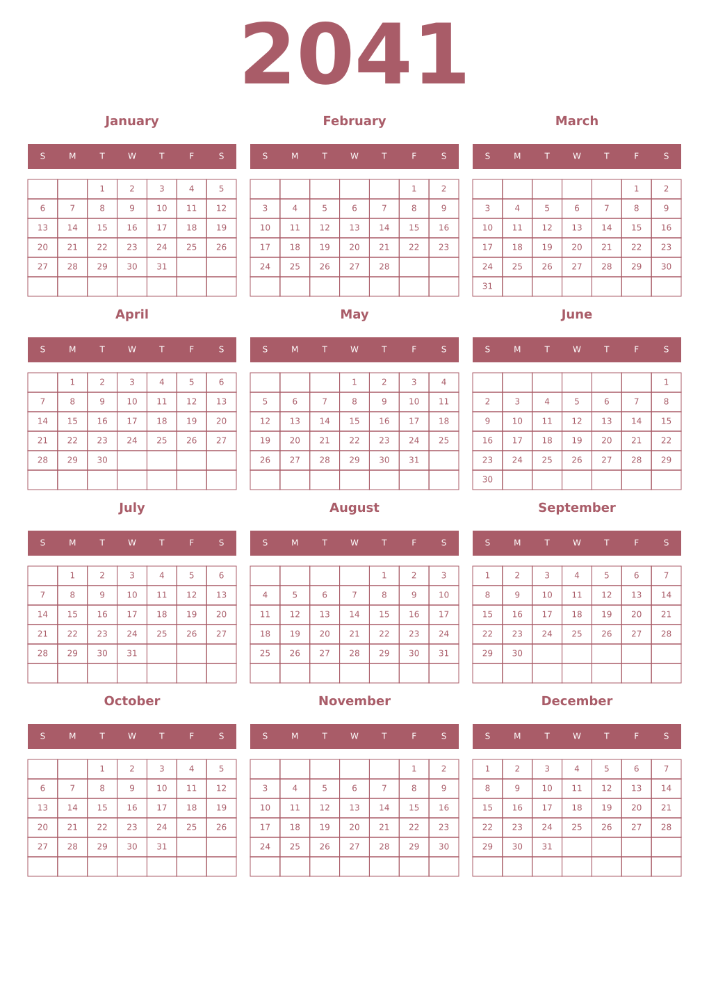 Printable 2041 Year Calendars puce