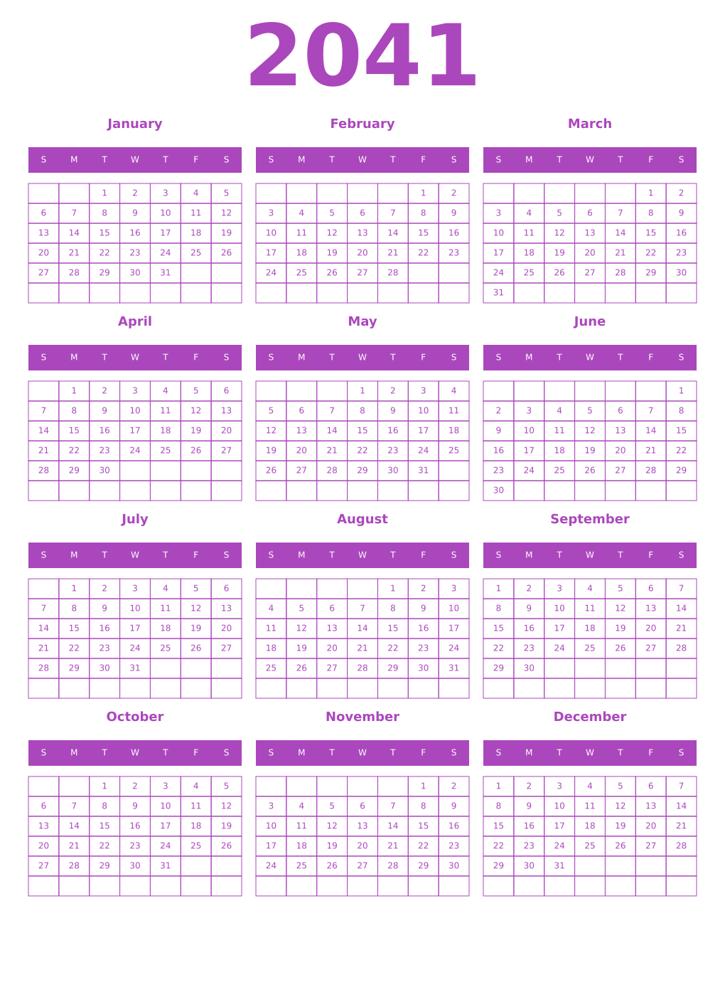 Printable 2041 Year Calendars purple