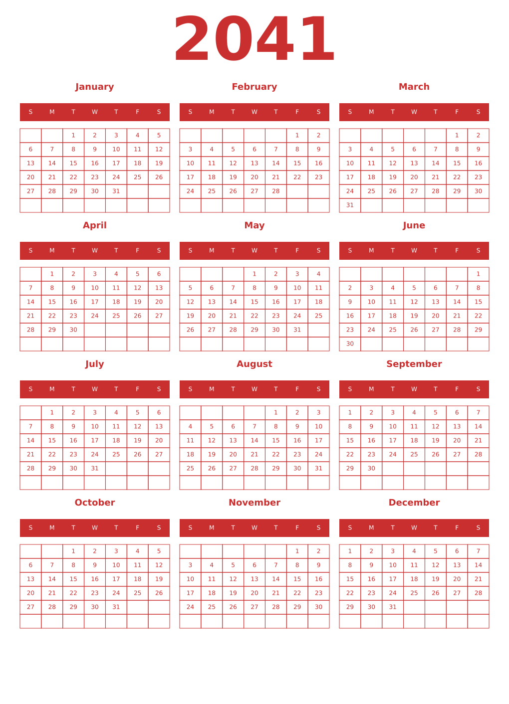 Printable 2041 Year Calendars red