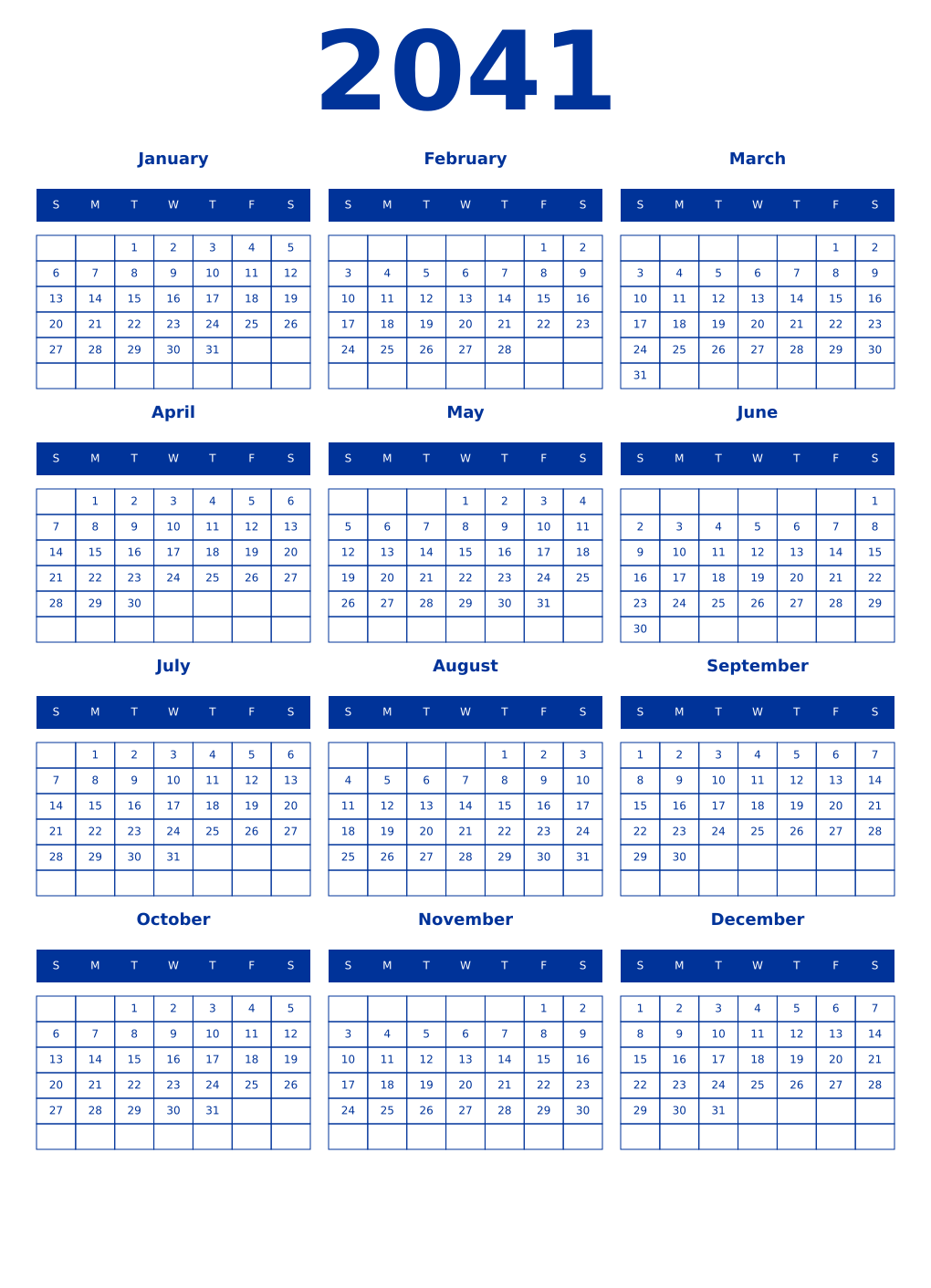 Printable 2041 Year Calendars smalt