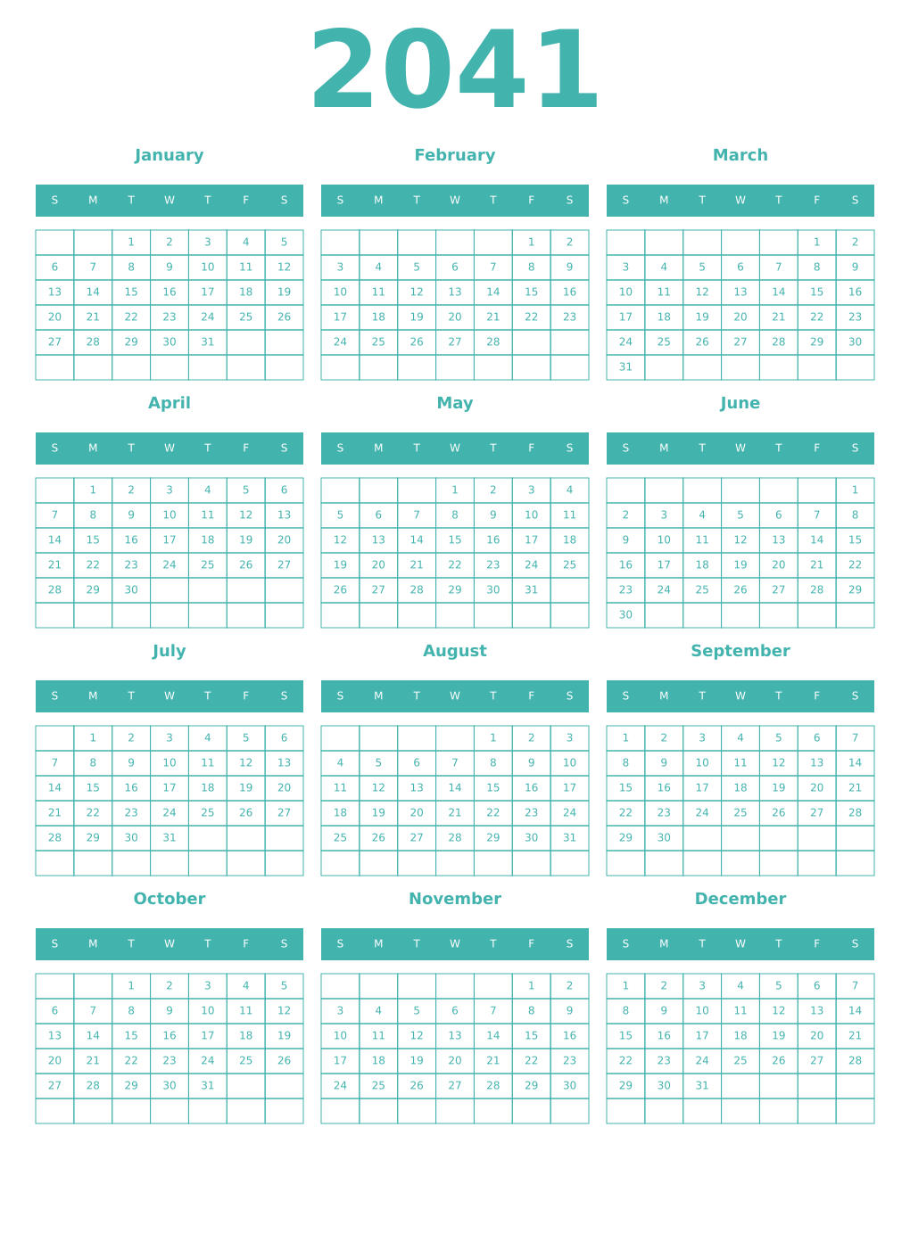 Printable 2041 Year Calendars verdigris