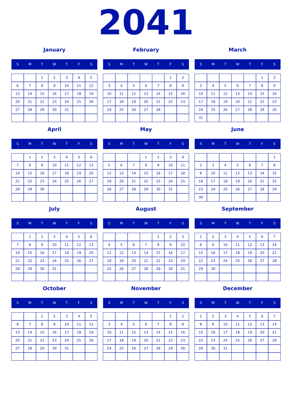 Printable 2041 Year Calendars zaffre
