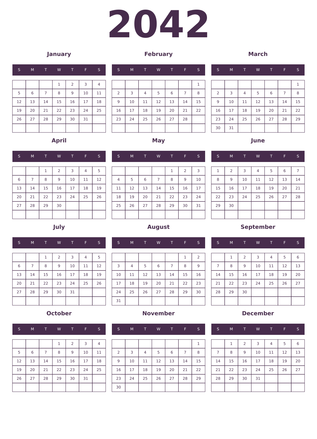 Printable 2042 Year Calendars aubergine