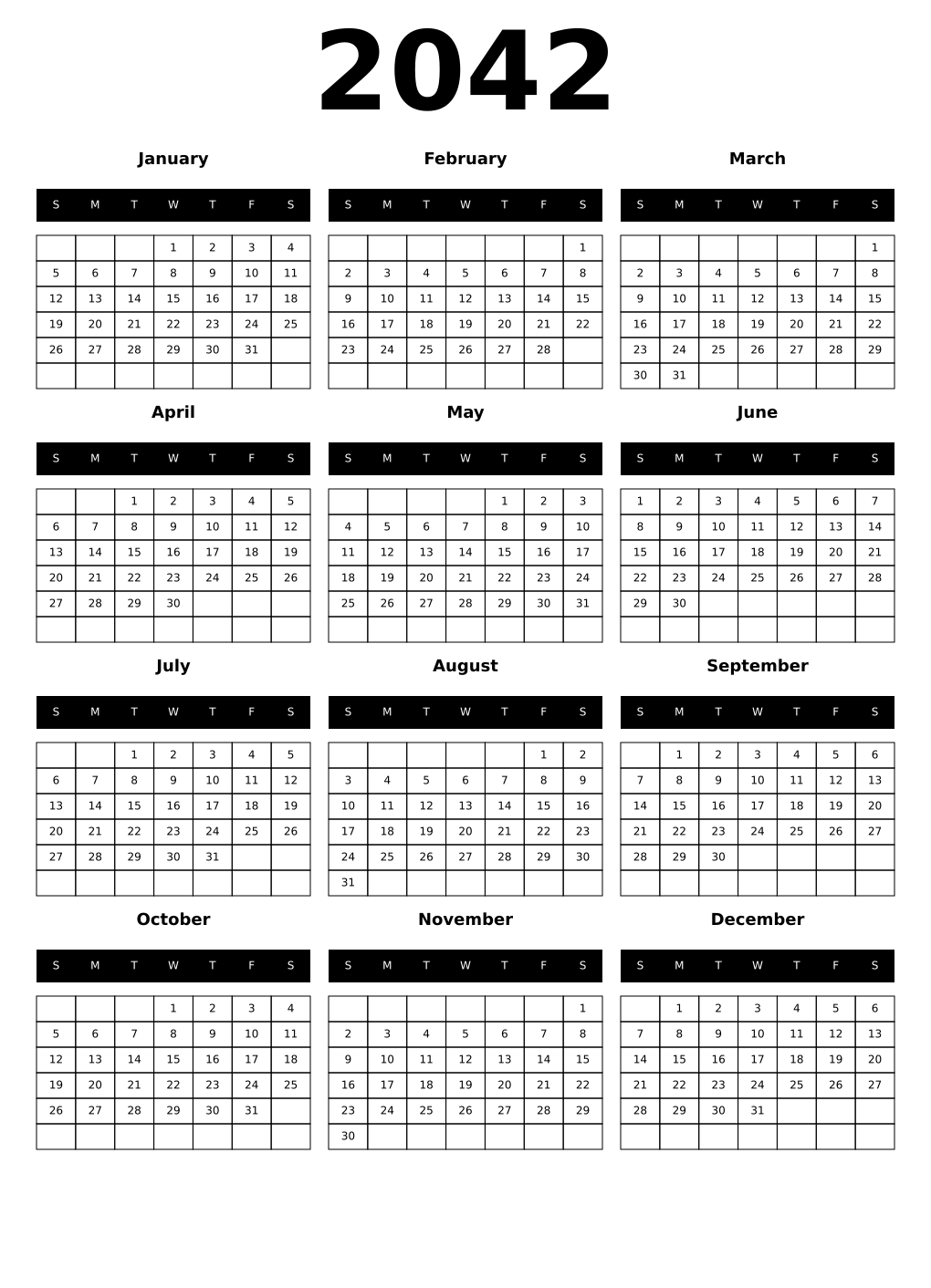Printable 2042 Year Calendars black