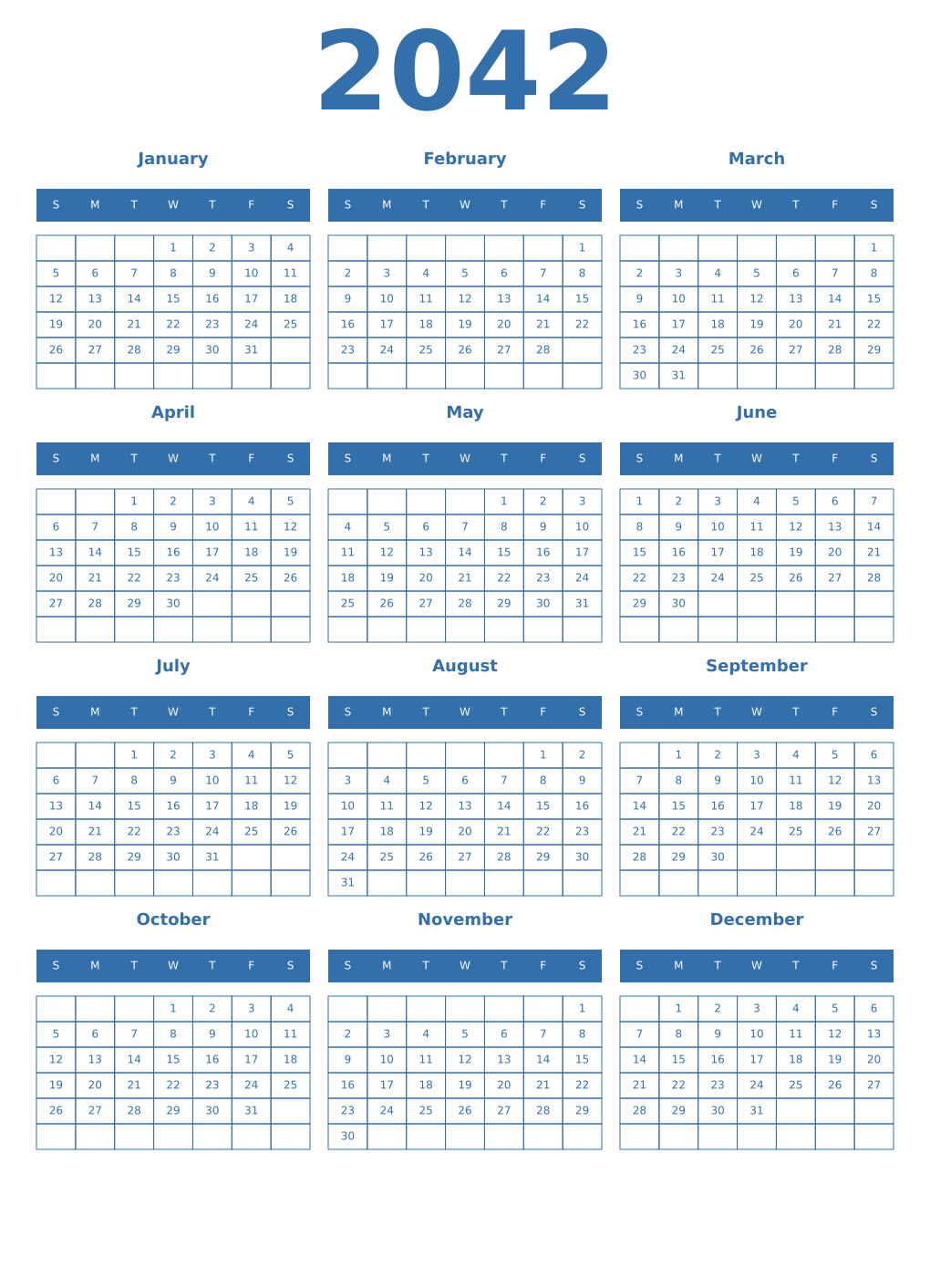 Printable 2042 Year Calendars blue