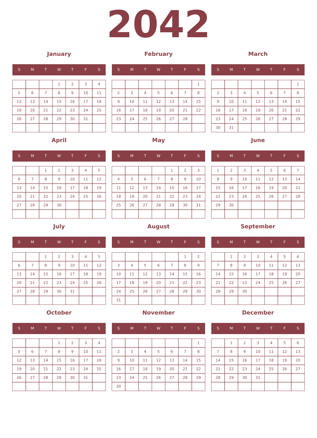 Printable 2042 Year Calendars cordovan
