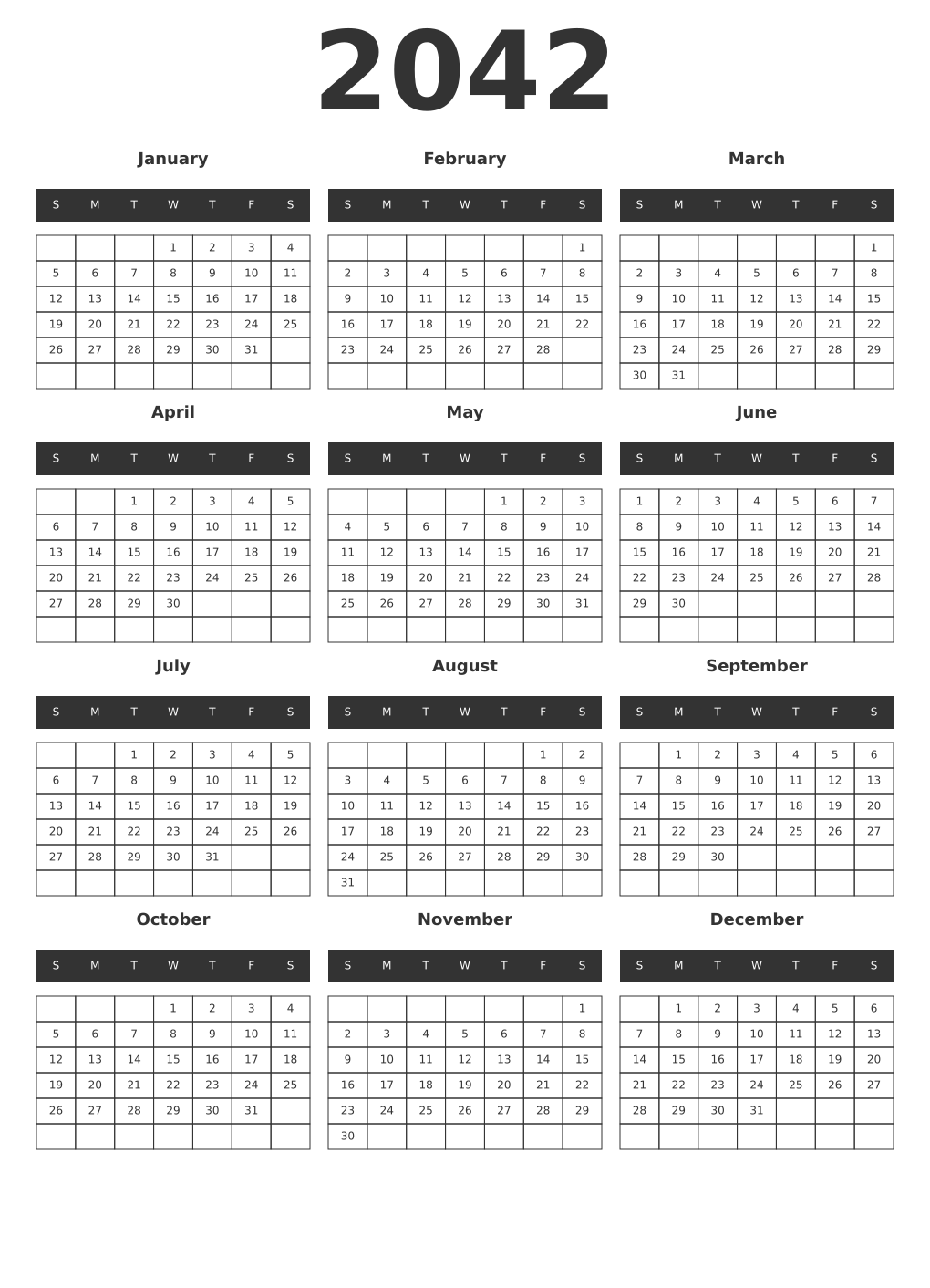 Printable 2042 Year Calendars dark