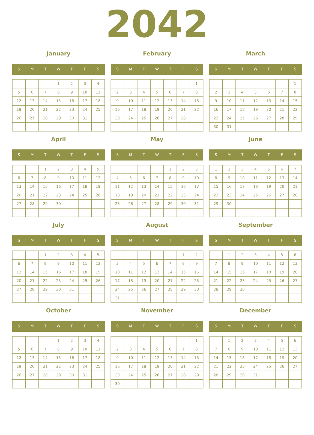Printable 2042 Year Calendars eburnean