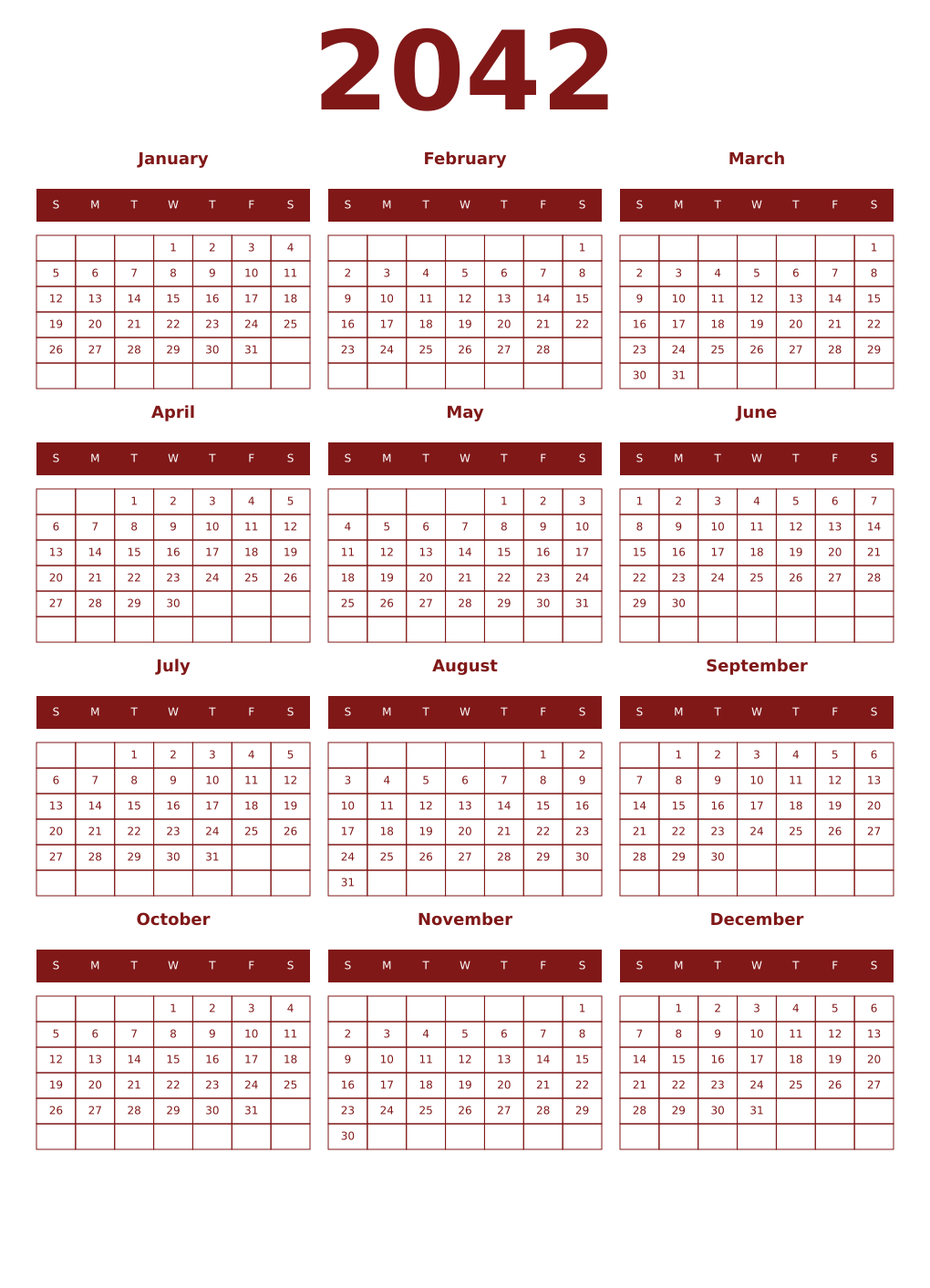 Printable 2042 Year Calendars falu