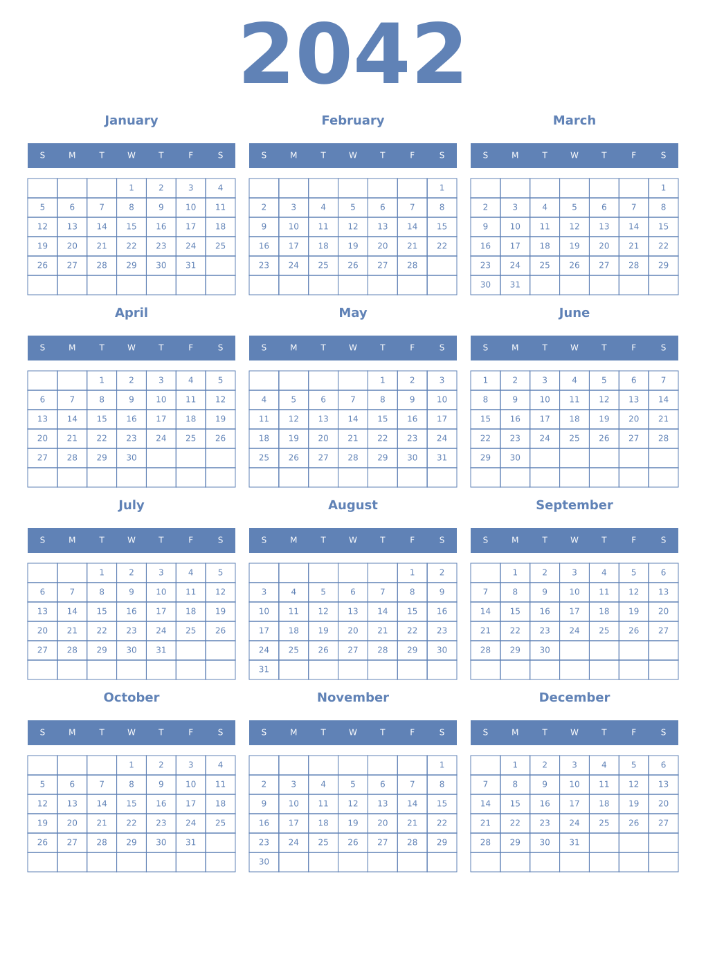 Printable 2042 Year Calendars glaucous