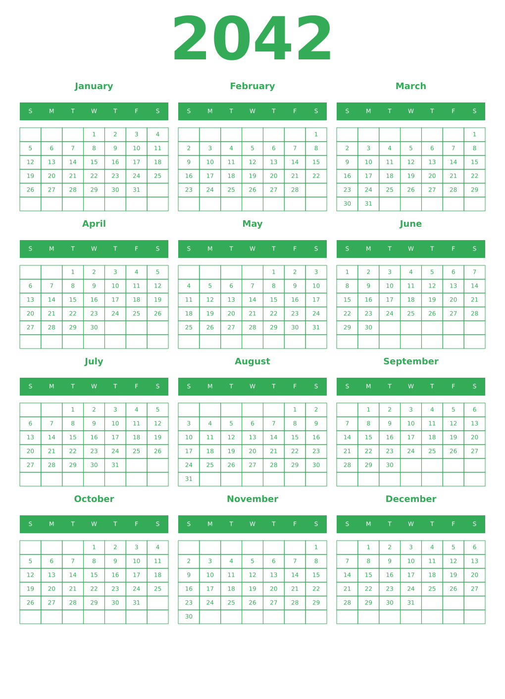 Printable 2042 Year Calendars green