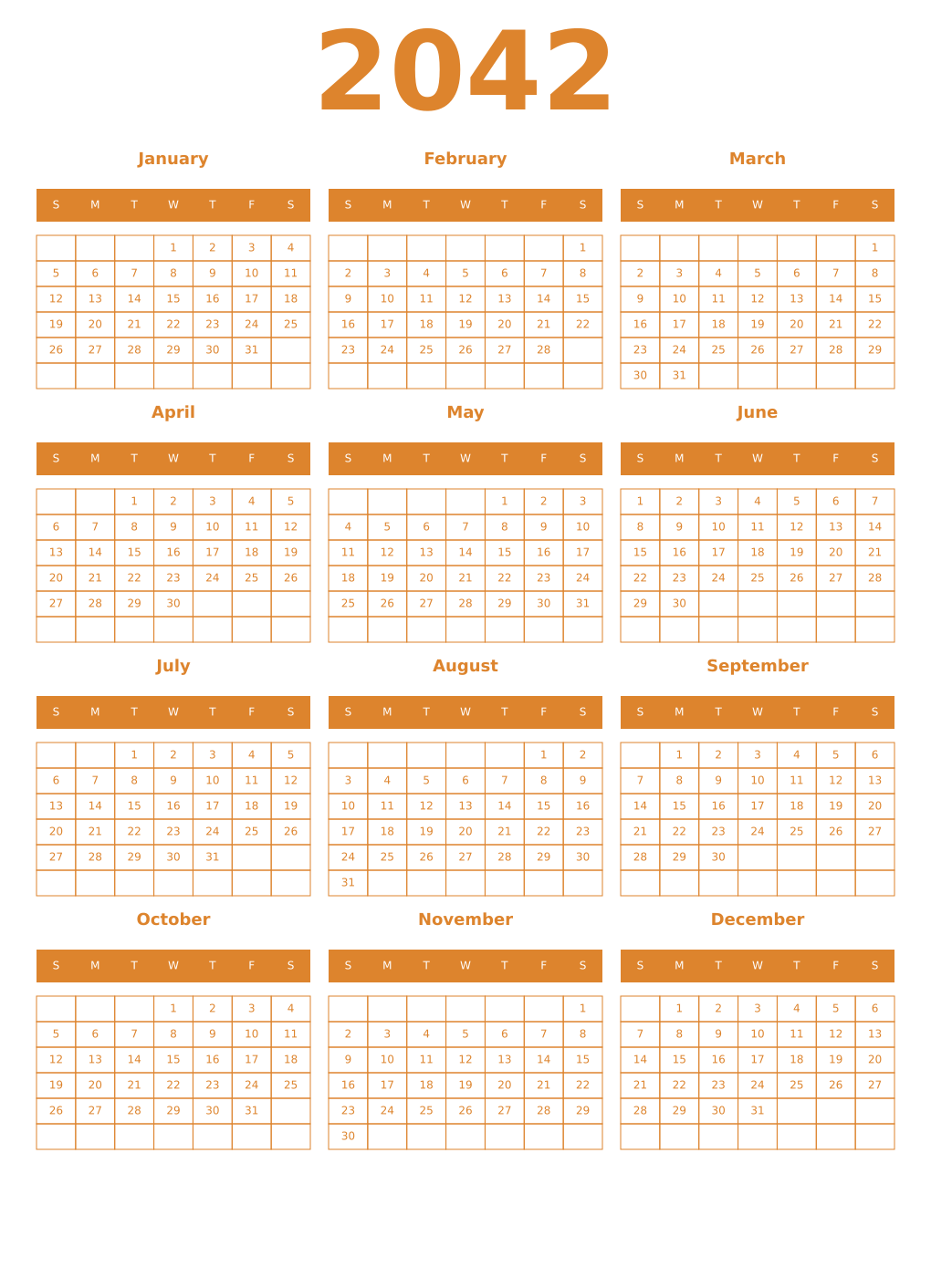 Printable 2042 Year Calendars orange