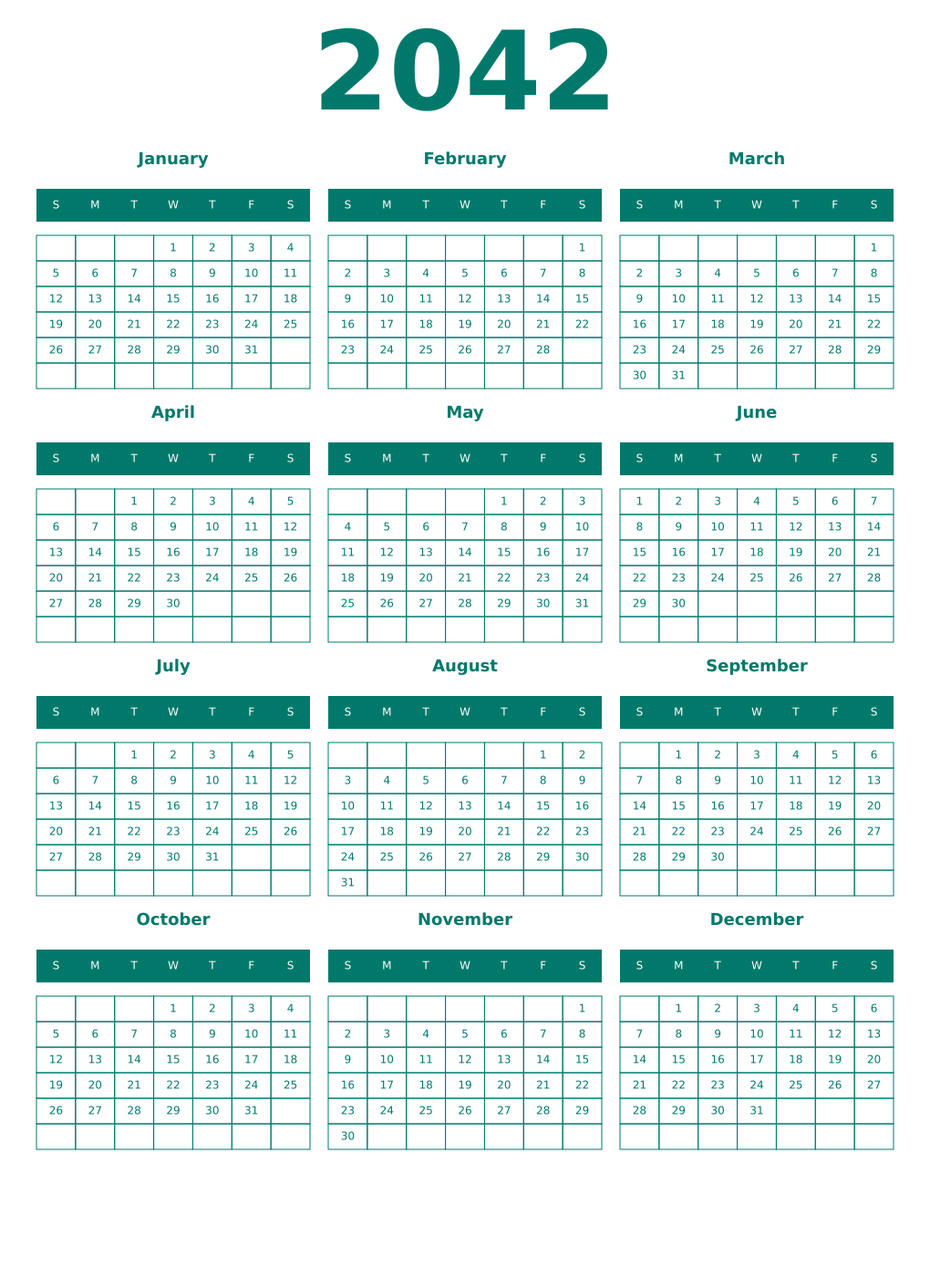 Printable 2042 Year Calendars pastel