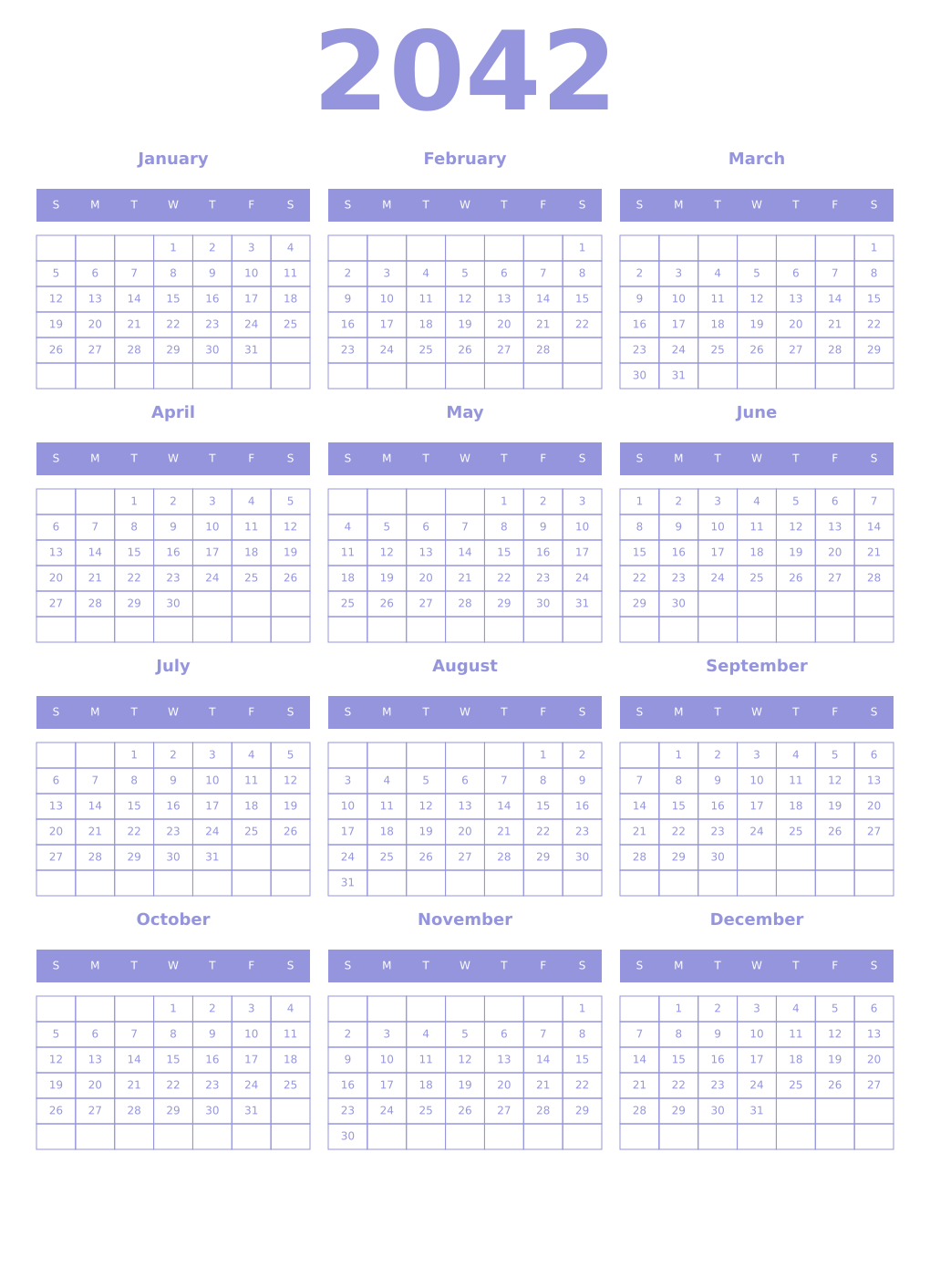 Printable 2042 Year Calendars periwinkle