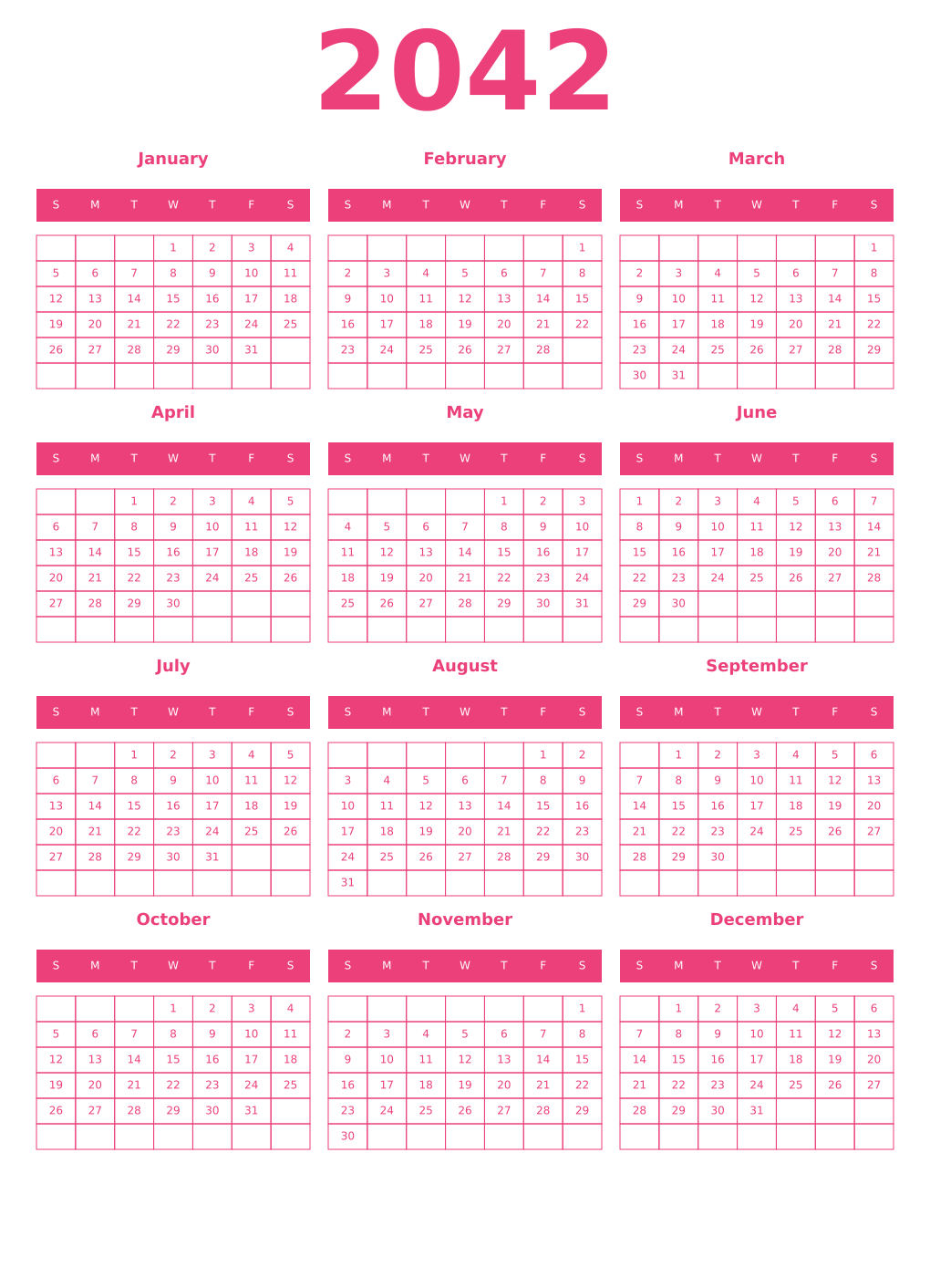 Printable 2042 Year Calendars pink
