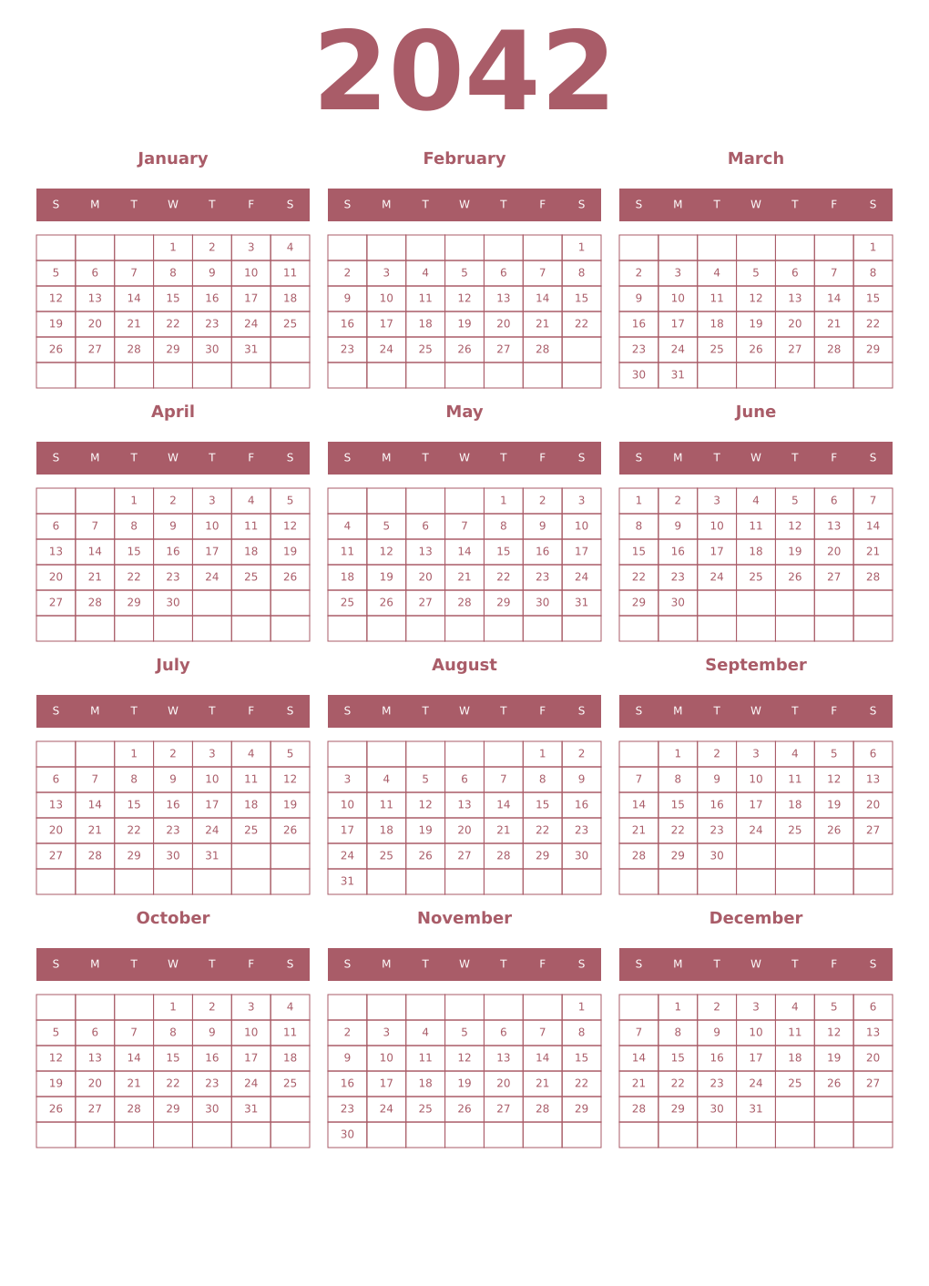 Printable 2042 Year Calendars puce