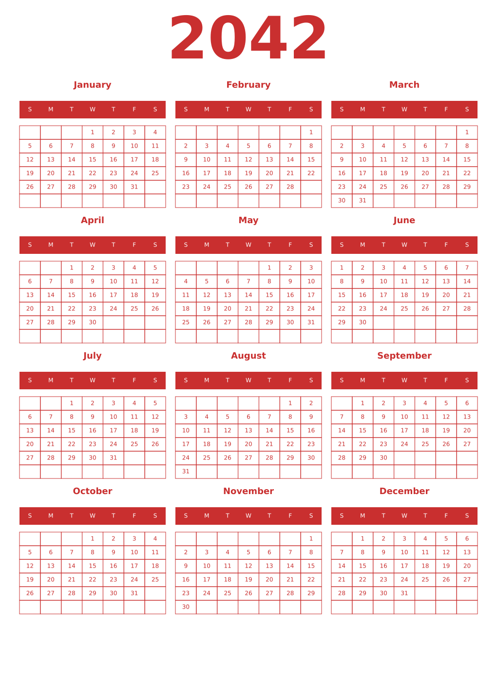 Printable 2042 Year Calendars red
