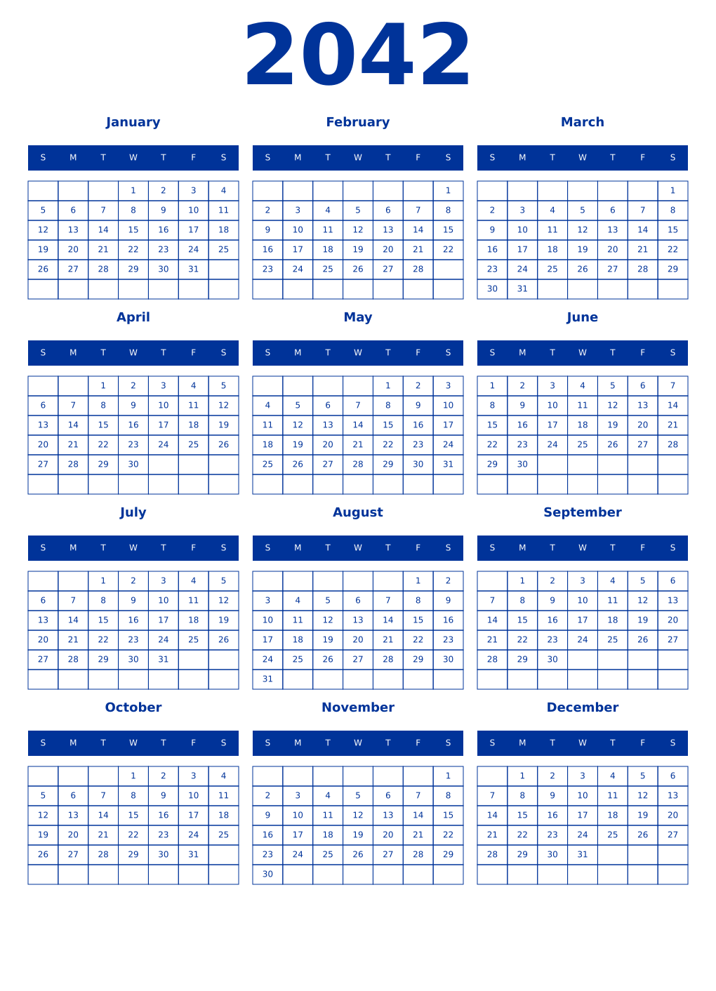 Printable 2042 Year Calendars smalt