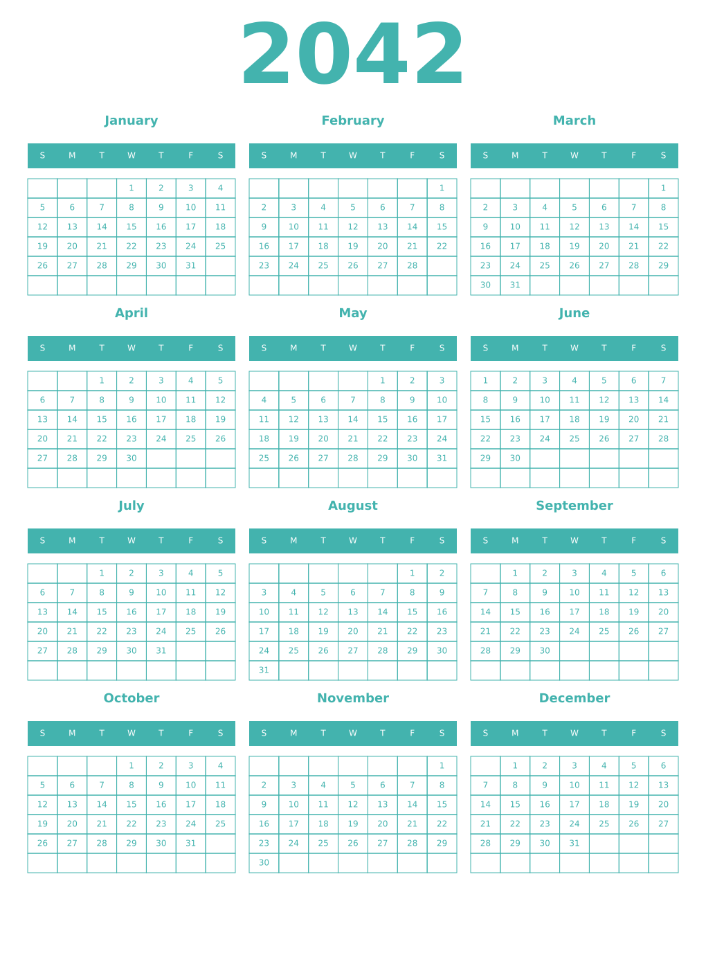 Printable 2042 Year Calendars verdigris