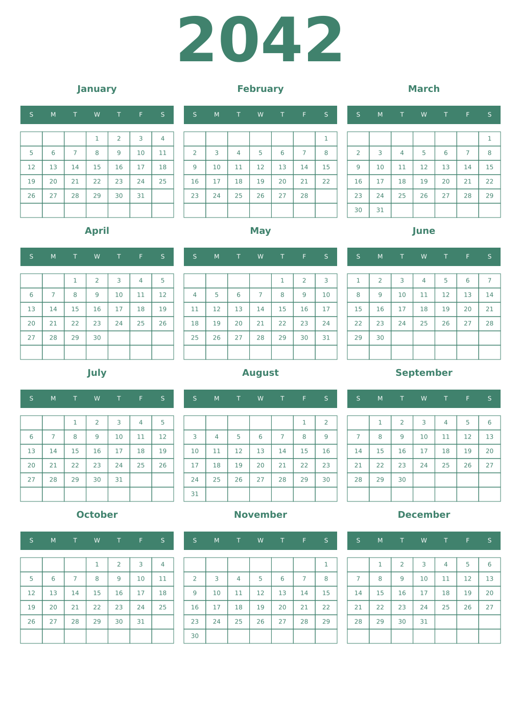 Printable 2042 Year Calendars viridian