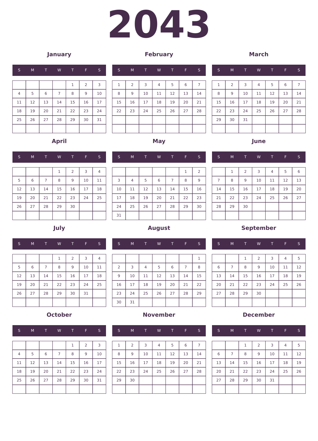 Printable 2043 Year Calendars aubergine