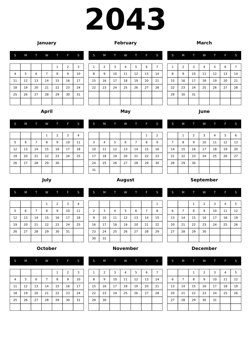 Printable 2043 Year Calendars black