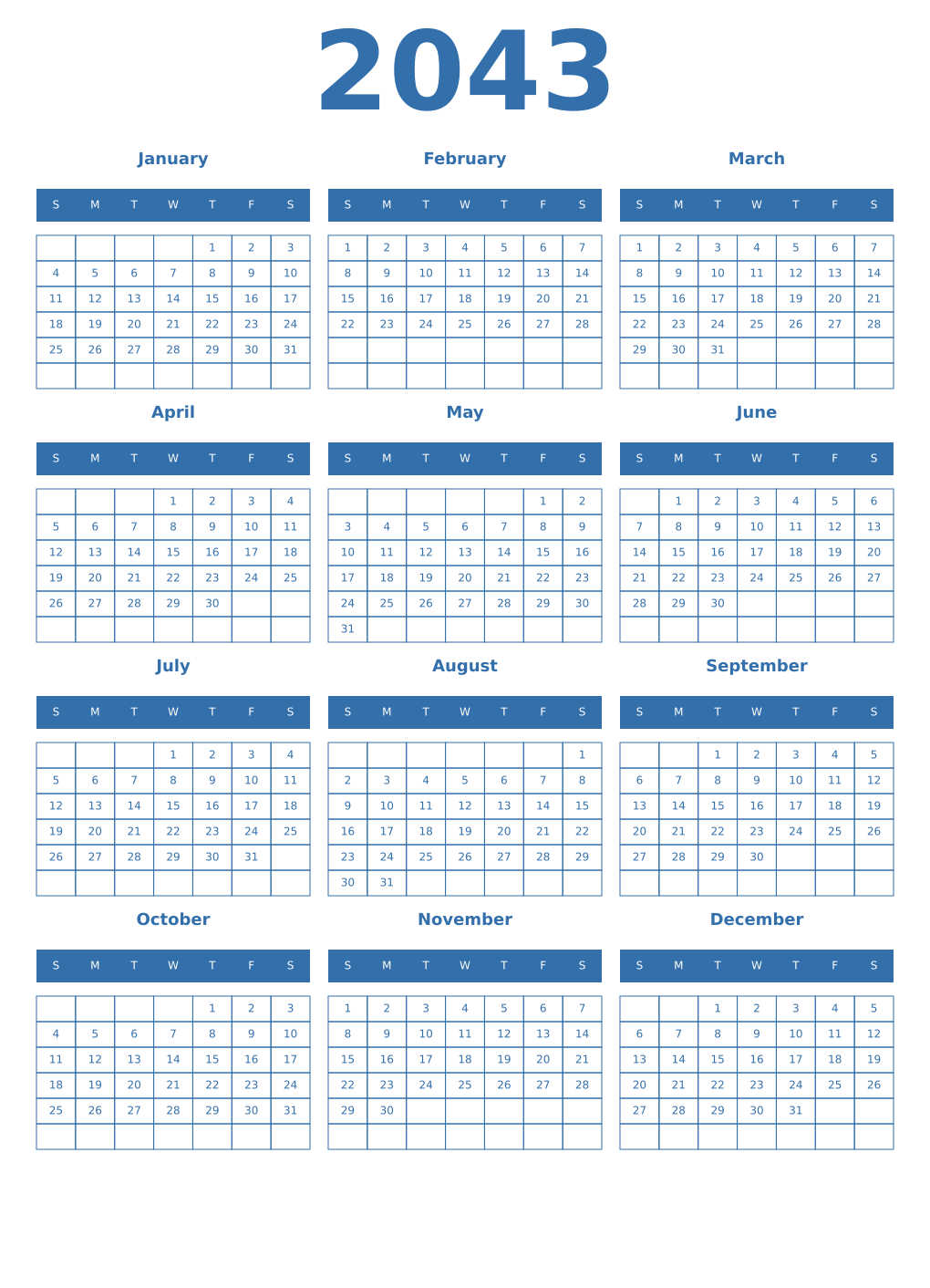 Printable 2043 Year Calendars blue