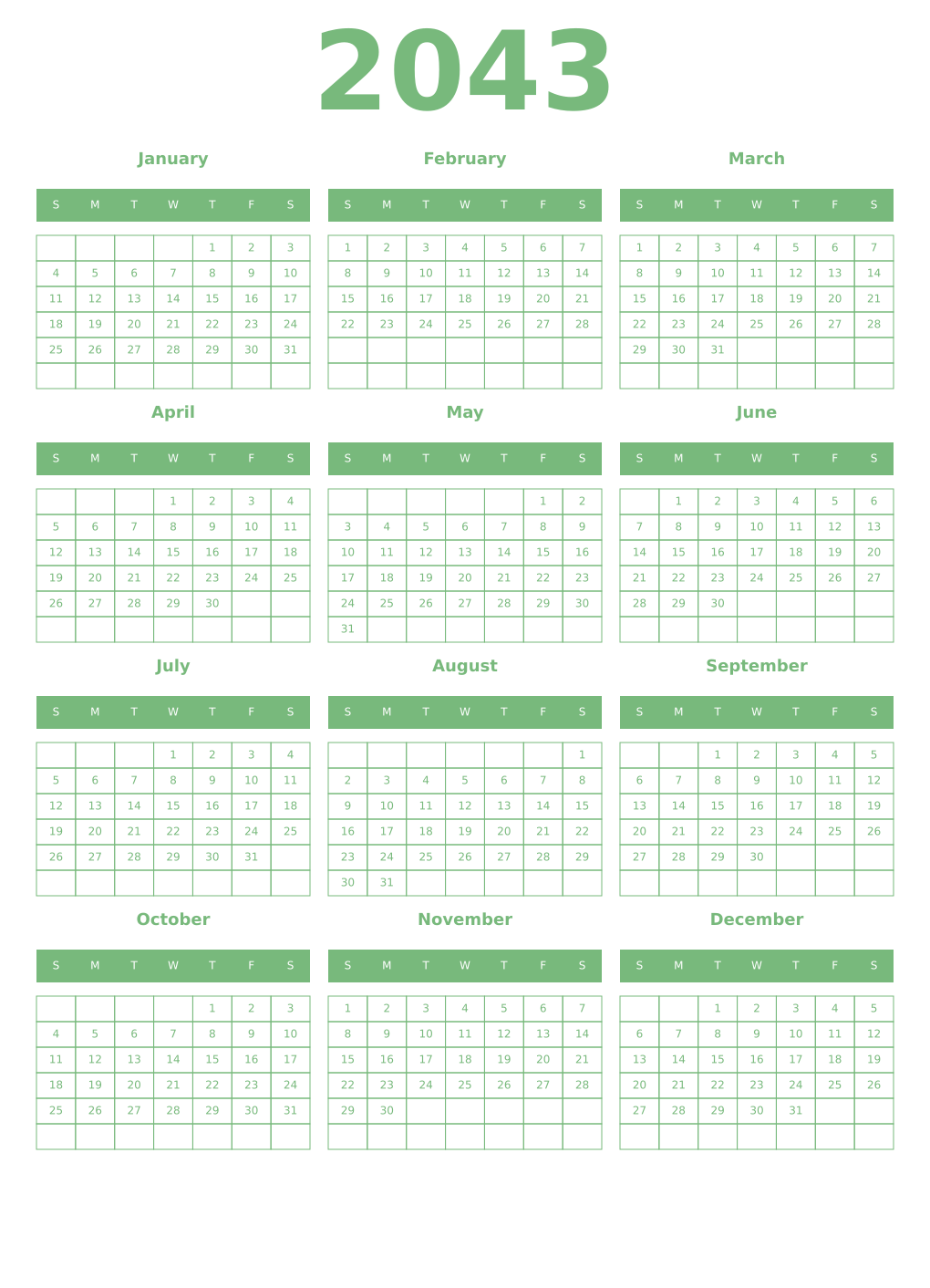 Printable 2043 Year Calendars celadon
