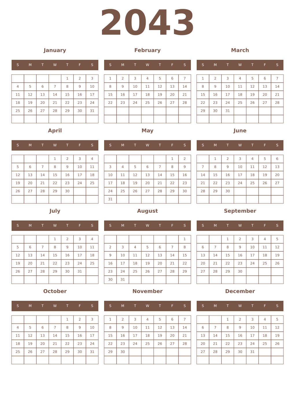 Printable 2043 Year Calendars coffe