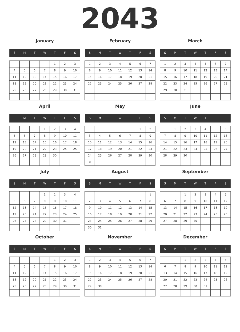 Printable 2043 Year Calendars dark
