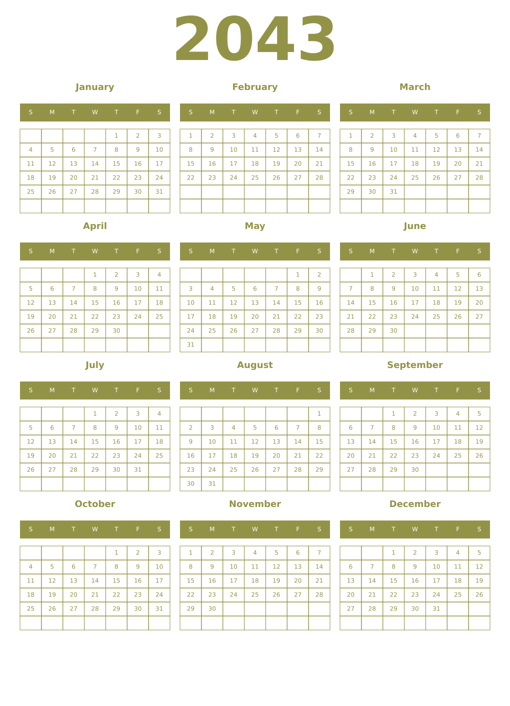 Printable 2043 Year Calendars eburnean
