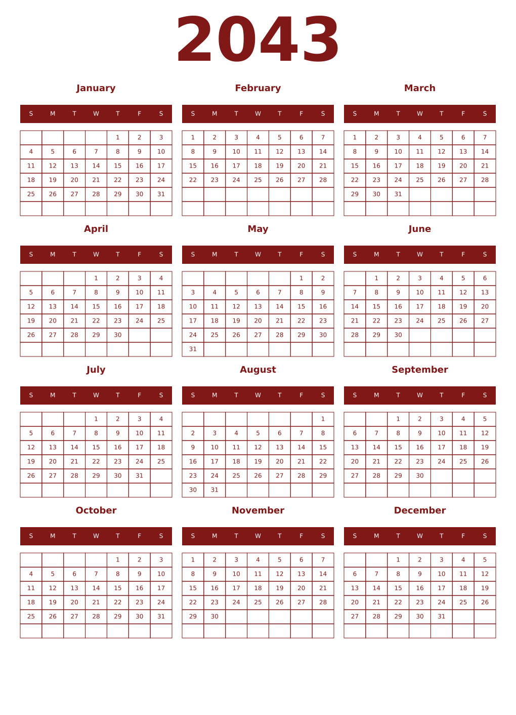 Printable 2043 Year Calendars falu