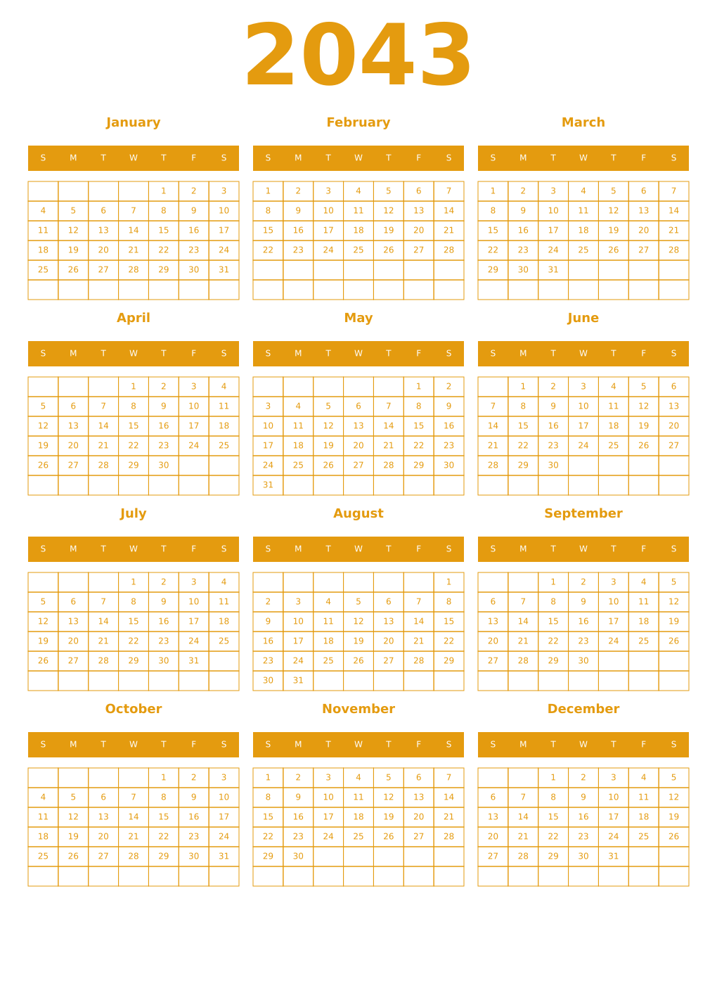 Printable 2043 Year Calendars gamboge