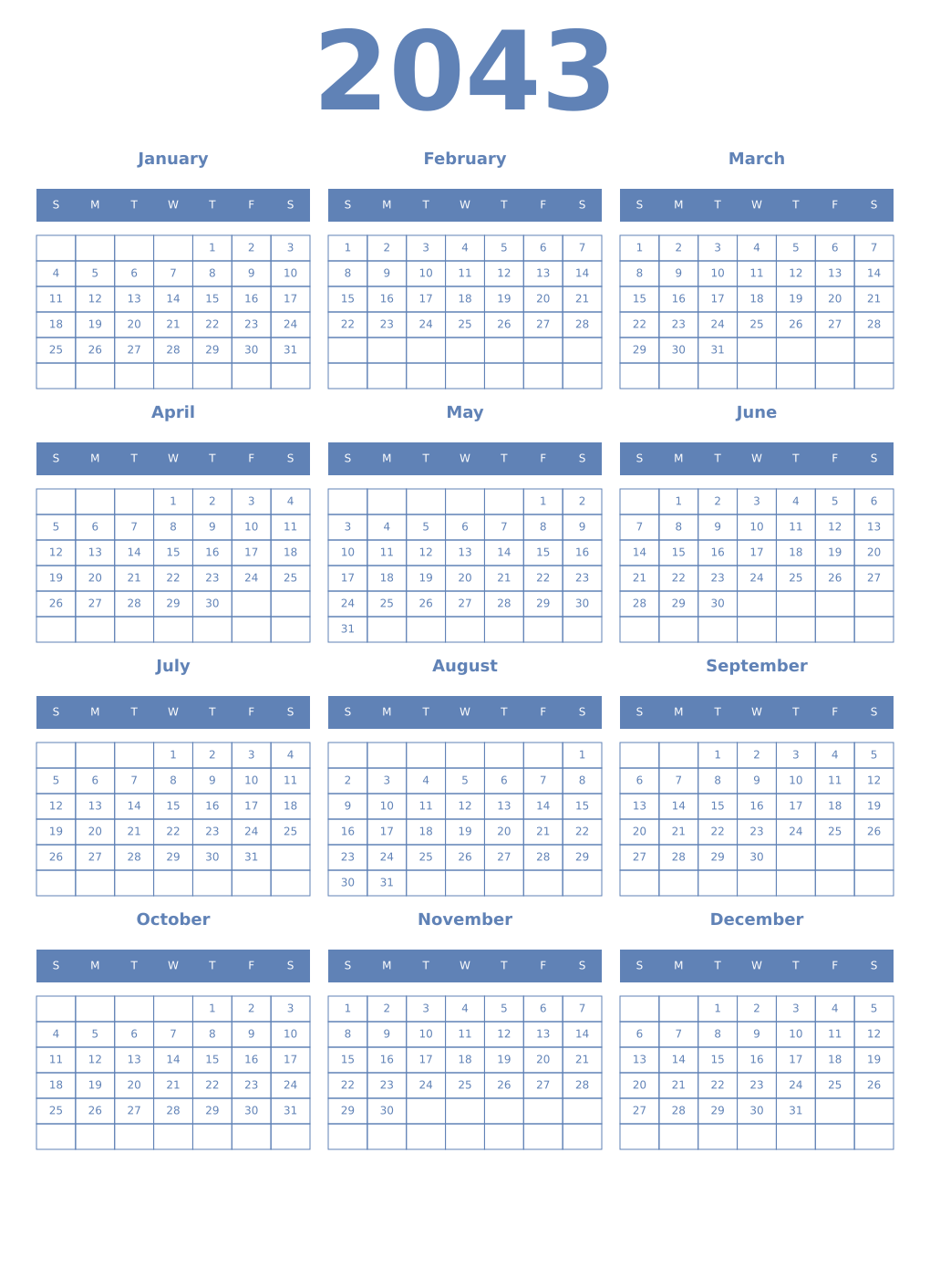 Printable 2043 Year Calendars glaucous