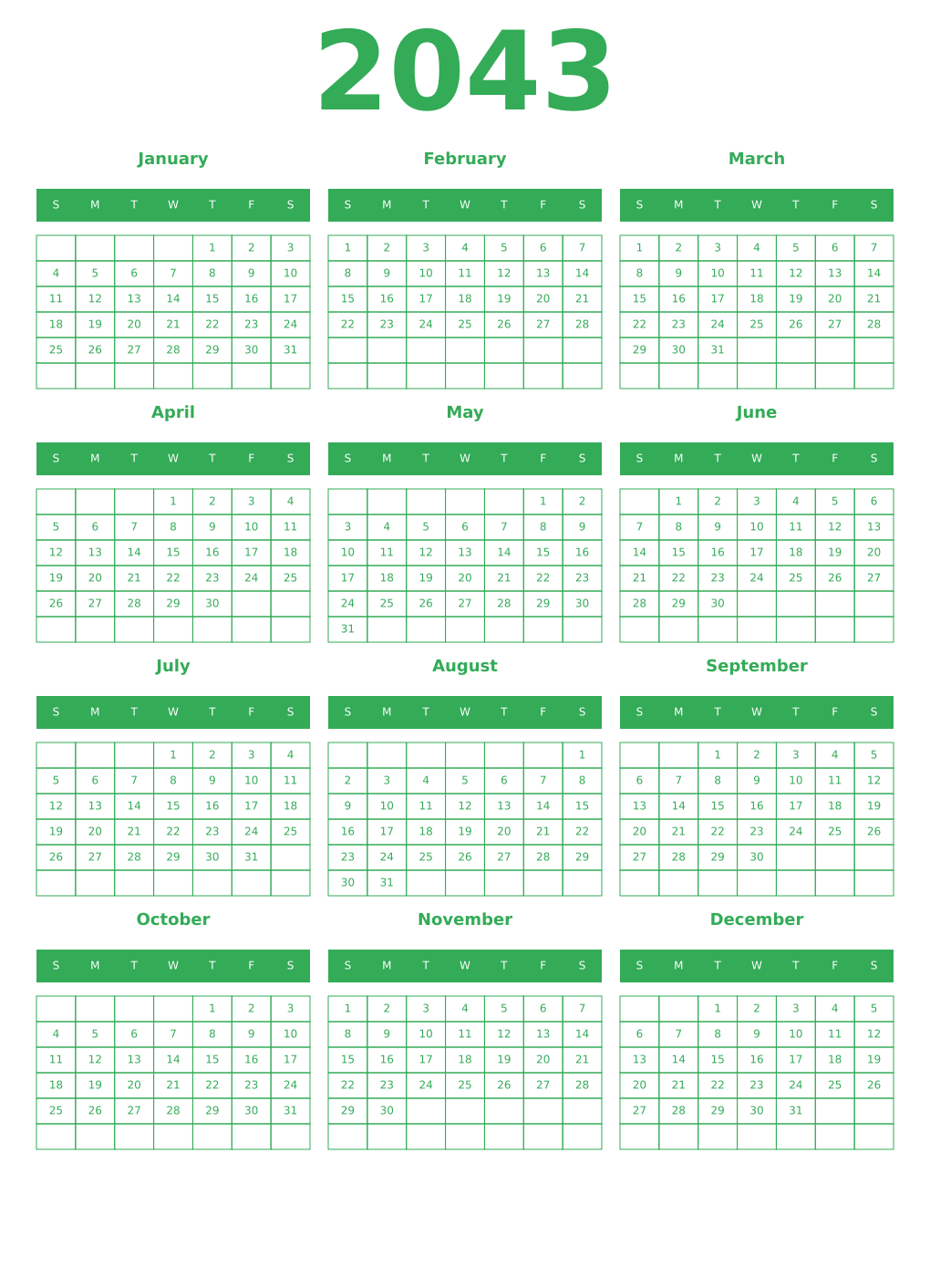 Printable 2043 Year Calendars green