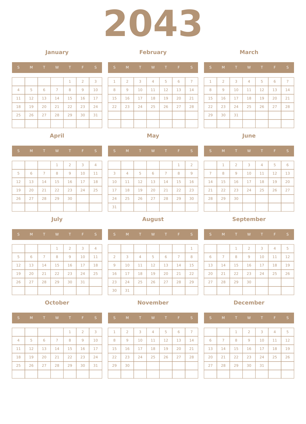 Printable 2043 Year Calendars isabelline