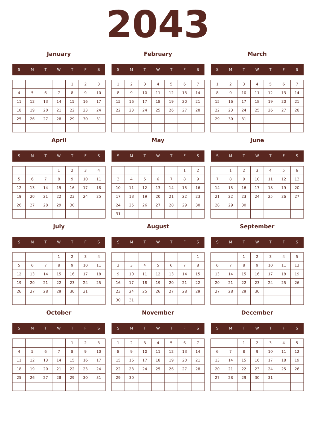 Printable 2043 Year Calendars mortuum