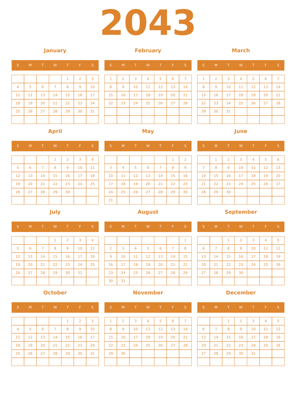 Printable 2043 Year Calendars orange