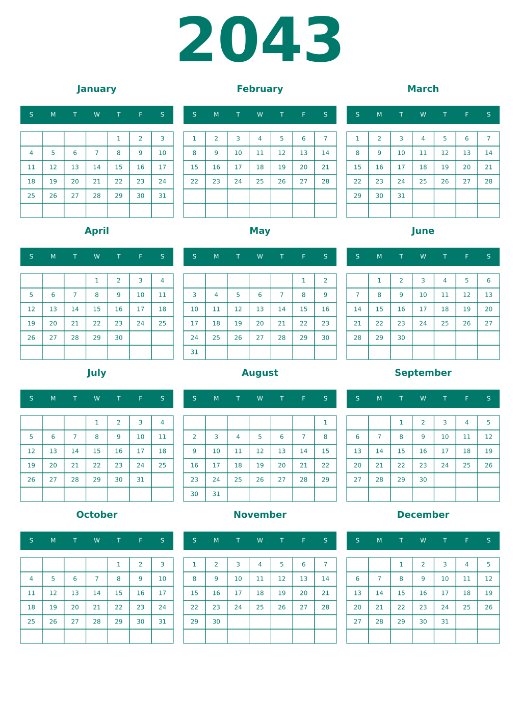 Printable 2043 Year Calendars pastel