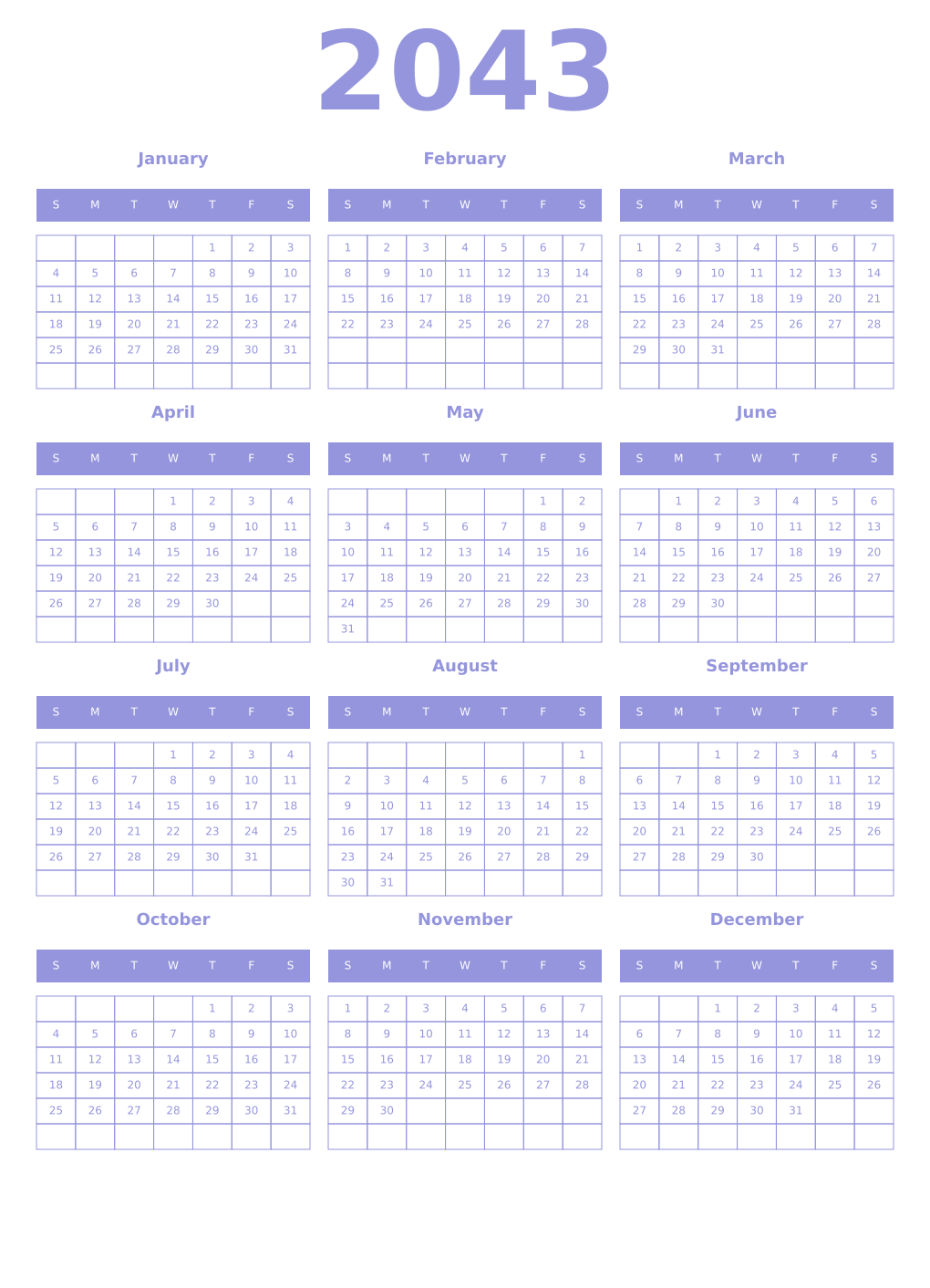 Printable 2043 Year Calendars periwinkle
