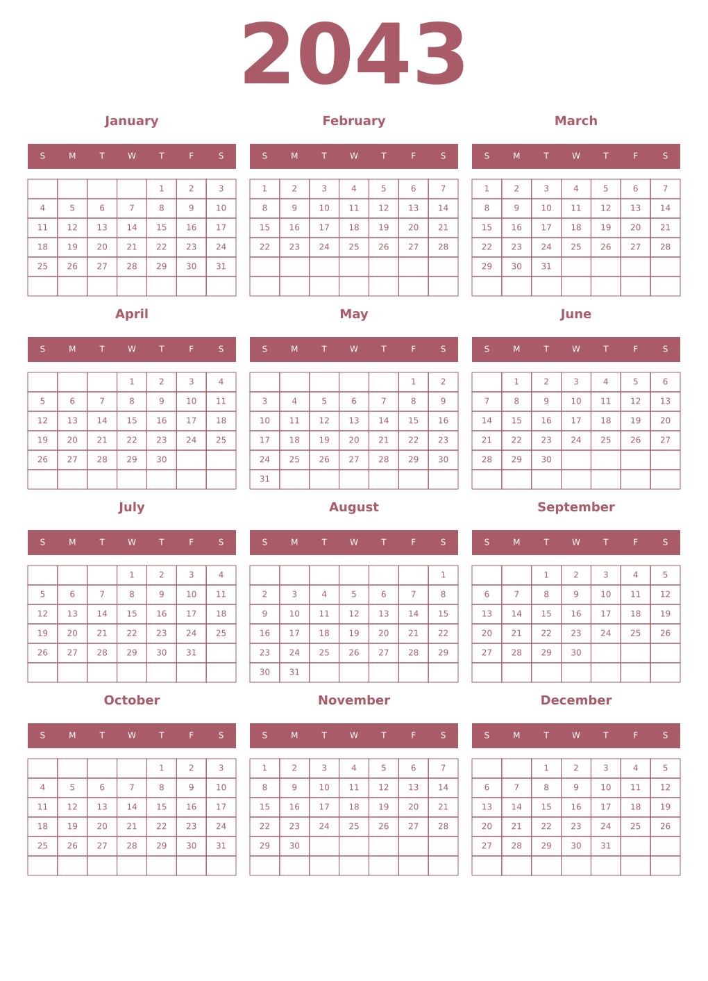 Printable 2043 Year Calendars puce