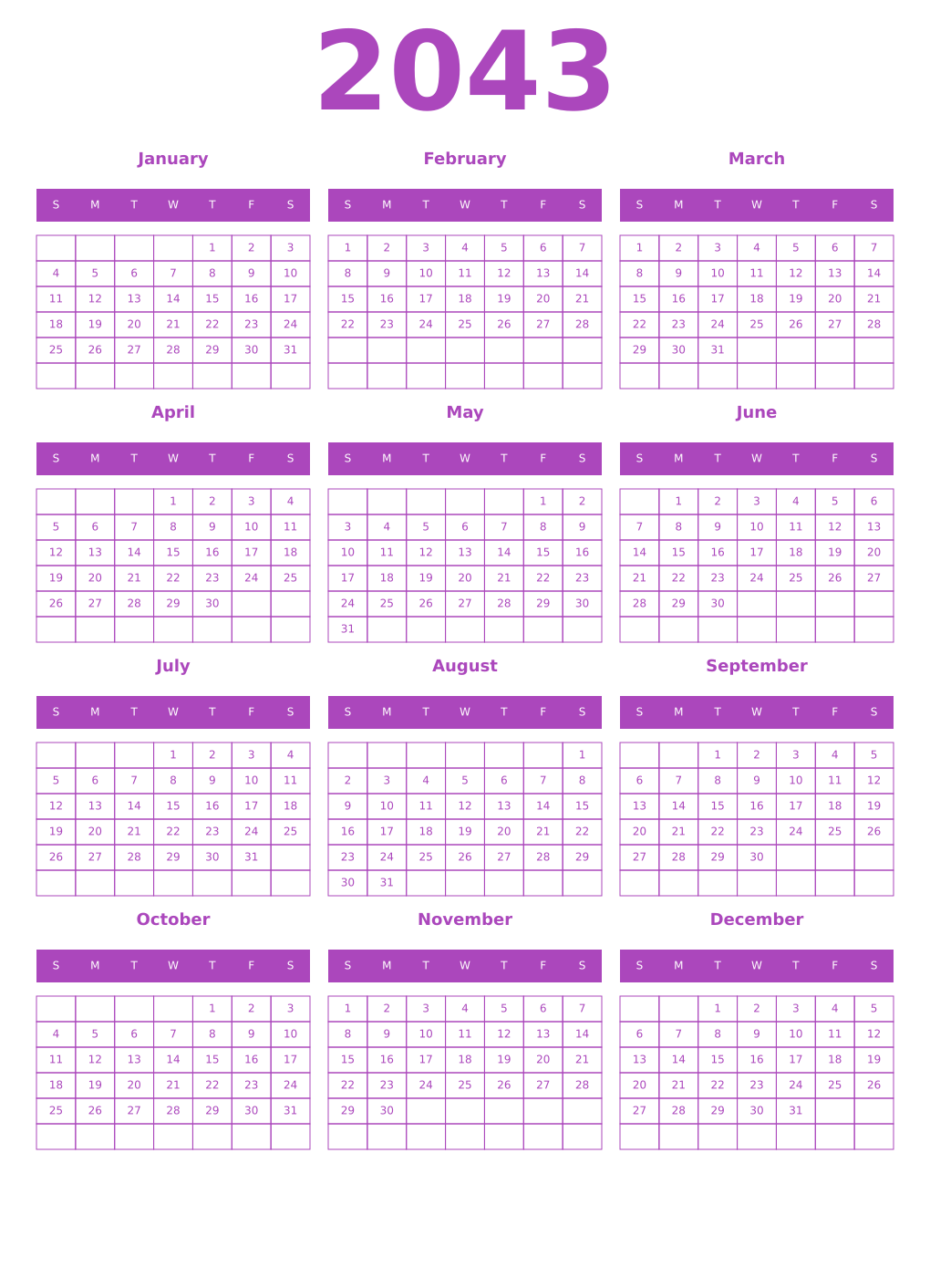 Printable 2043 Year Calendars purple