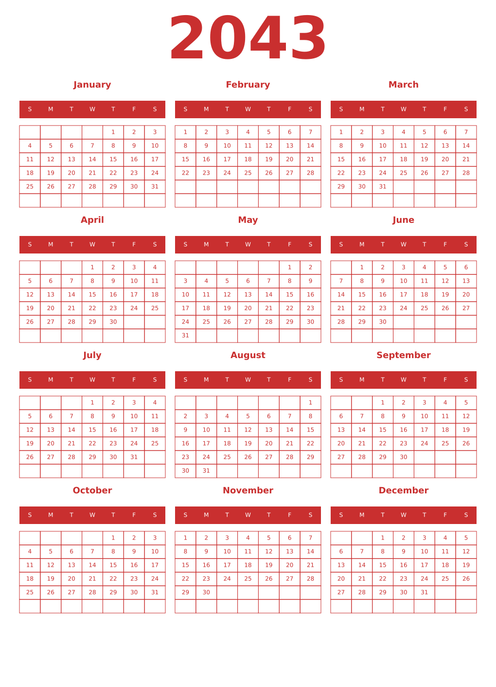 Printable 2043 Year Calendars red