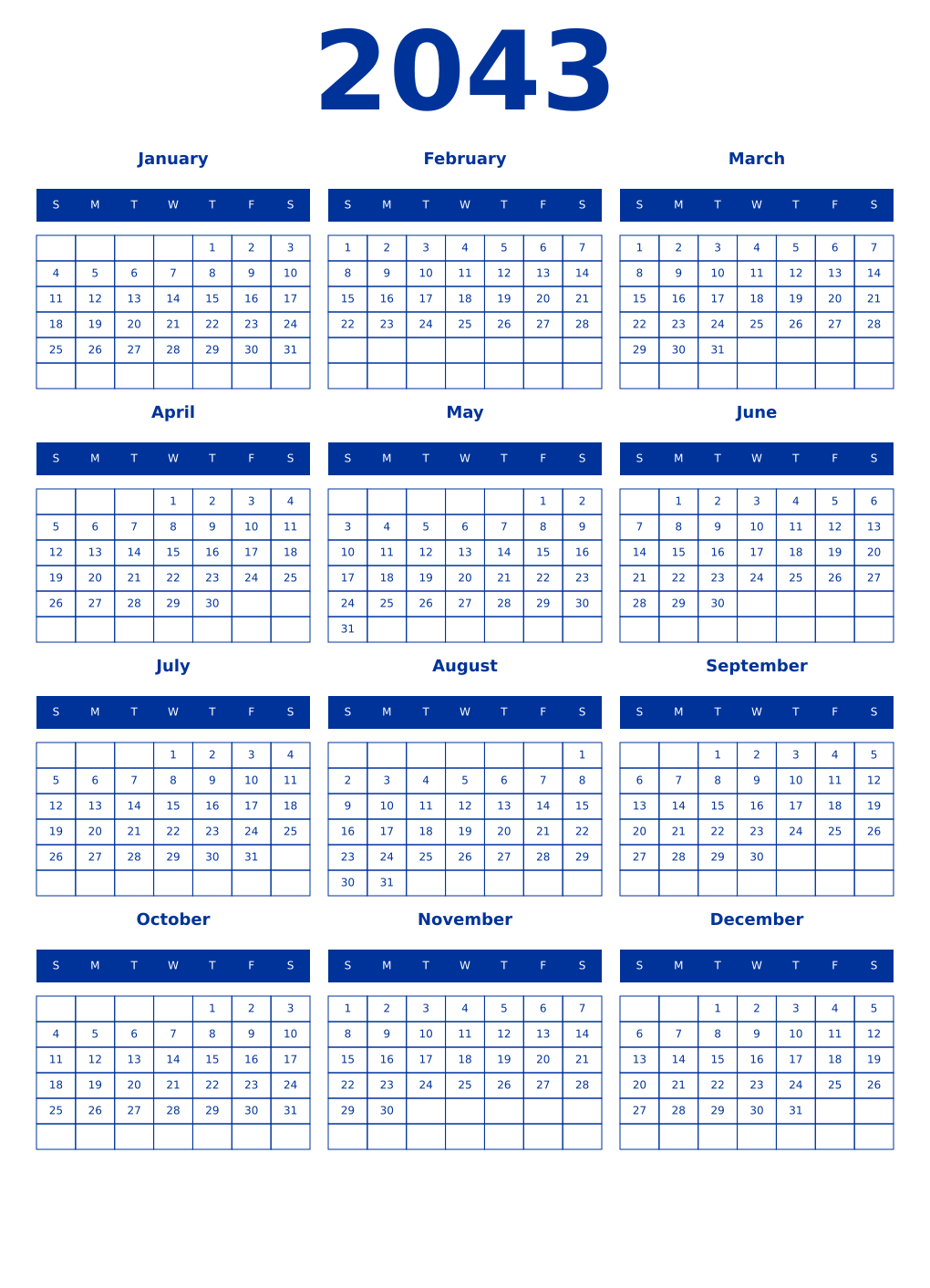 Printable 2043 Year Calendars smalt