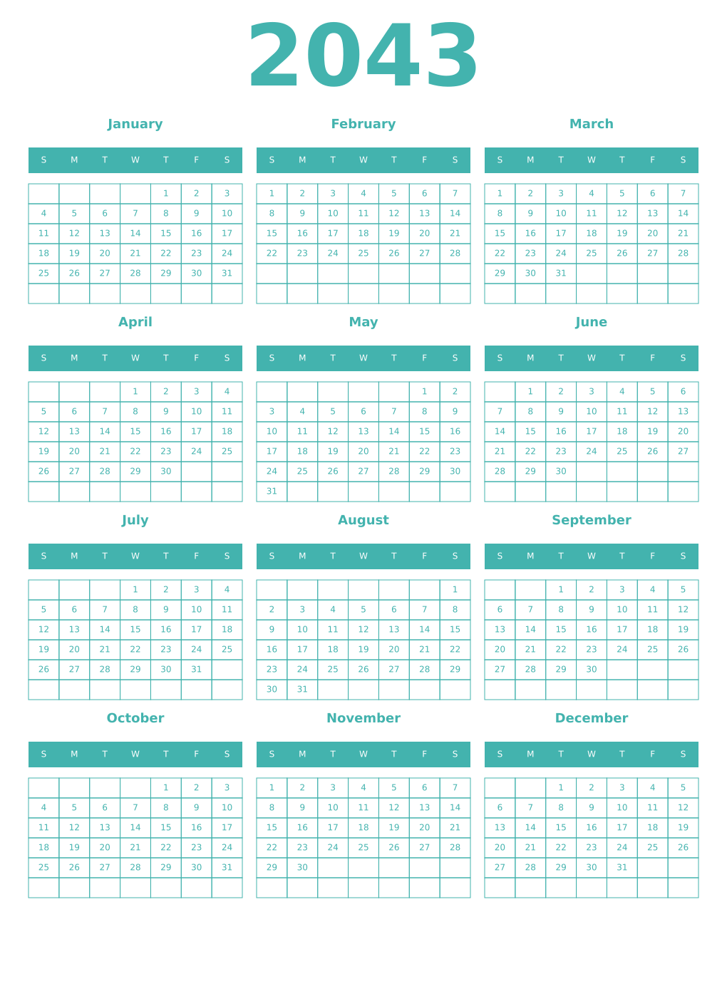 Printable 2043 Year Calendars verdigris